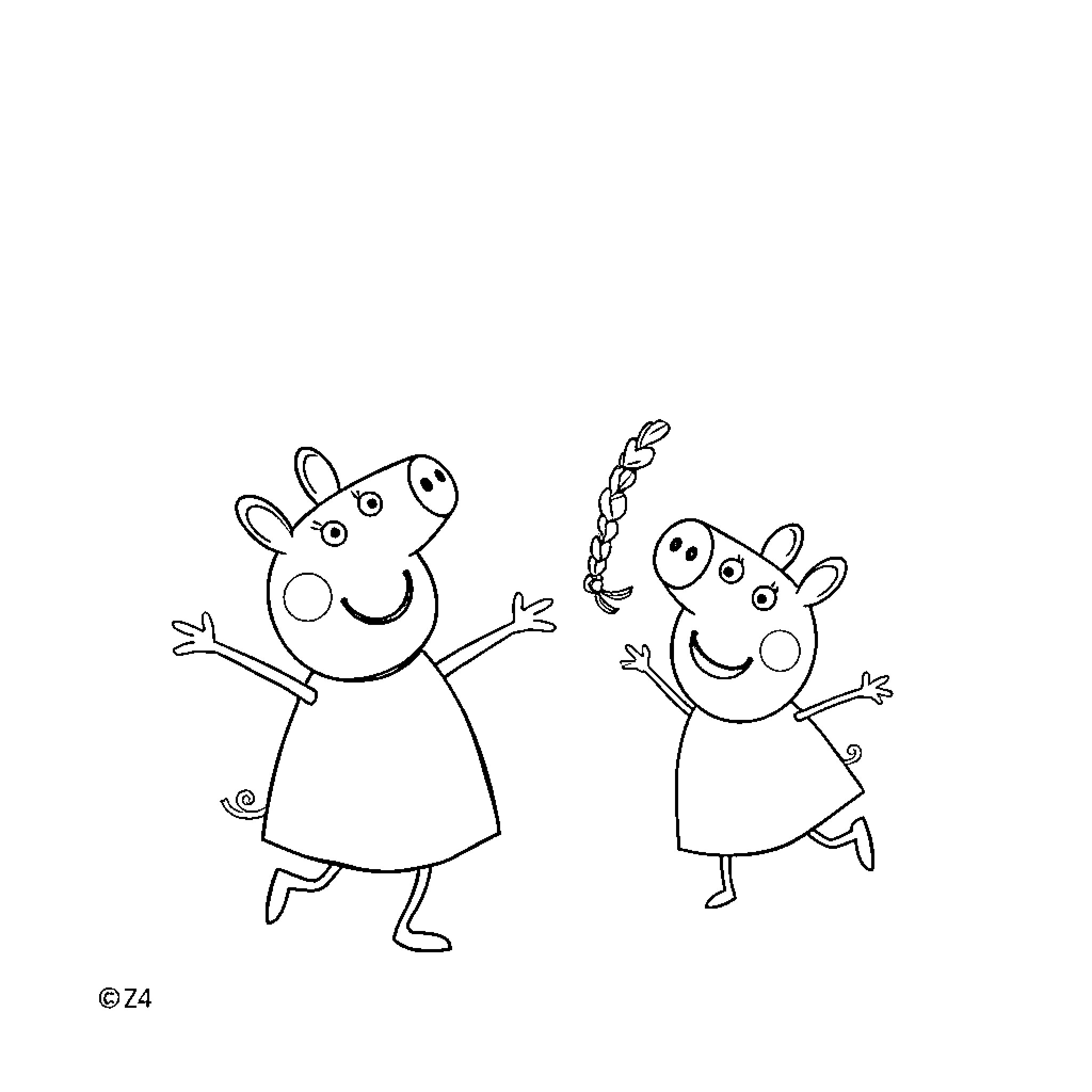 Pippi Longstocking characters in playful poses Coloring Page (free black-and-white line drawing printable PDF for all, from beginners to advanced learners, including children, teens, adults, and seniors)