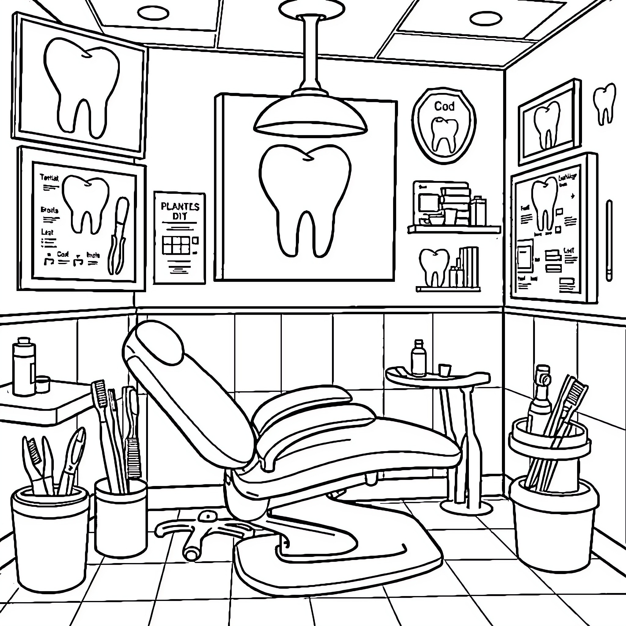 Dental Office Equipment and Decor Coloring Page (free black-and-white line drawing printable PDF for all, from beginners to advanced learners, including children, teens, adults, and seniors)