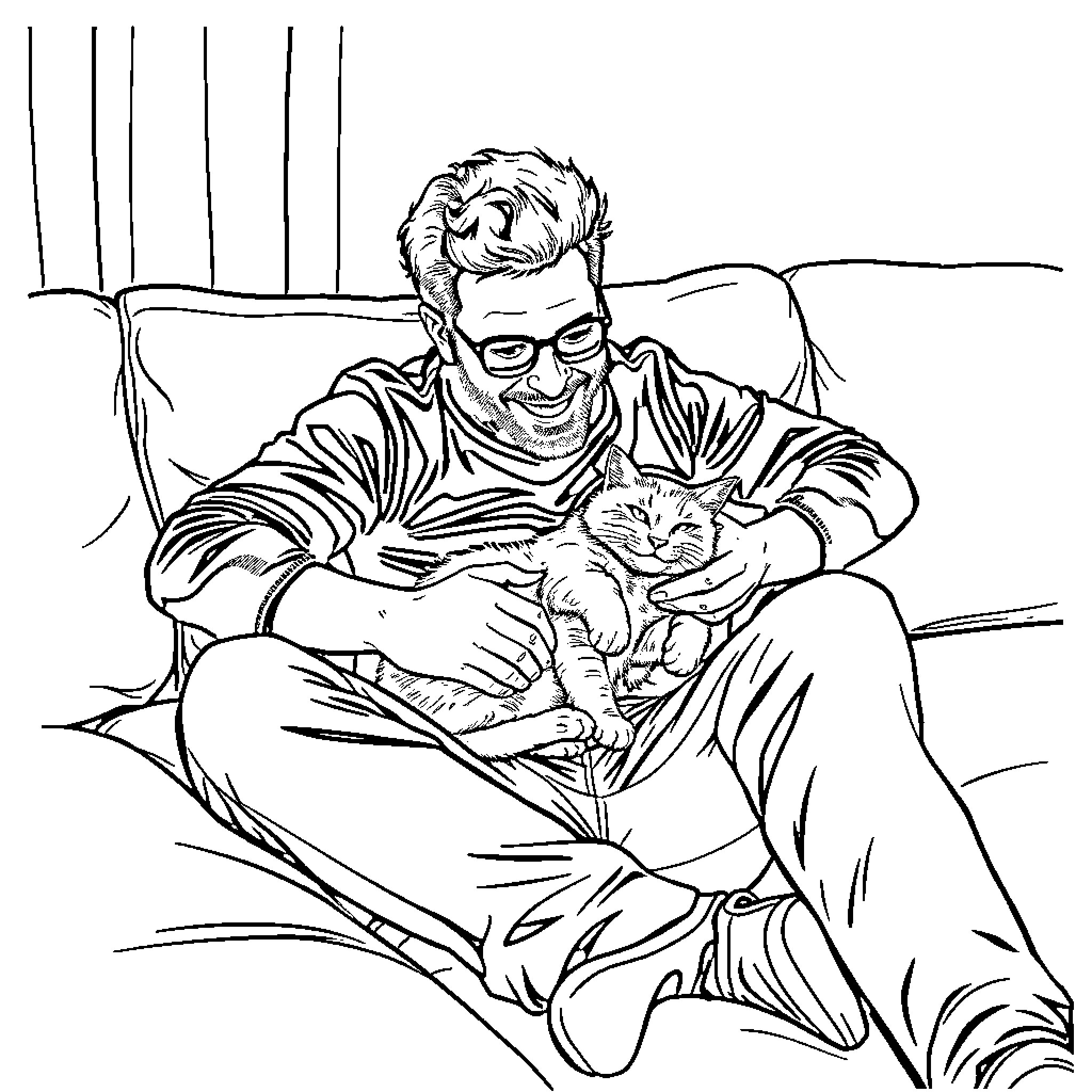 Cat comforting its human companion Coloring Page (free black-and-white line drawing printable PDF for all, from beginners to advanced learners, including children, teens, adults, and seniors)
