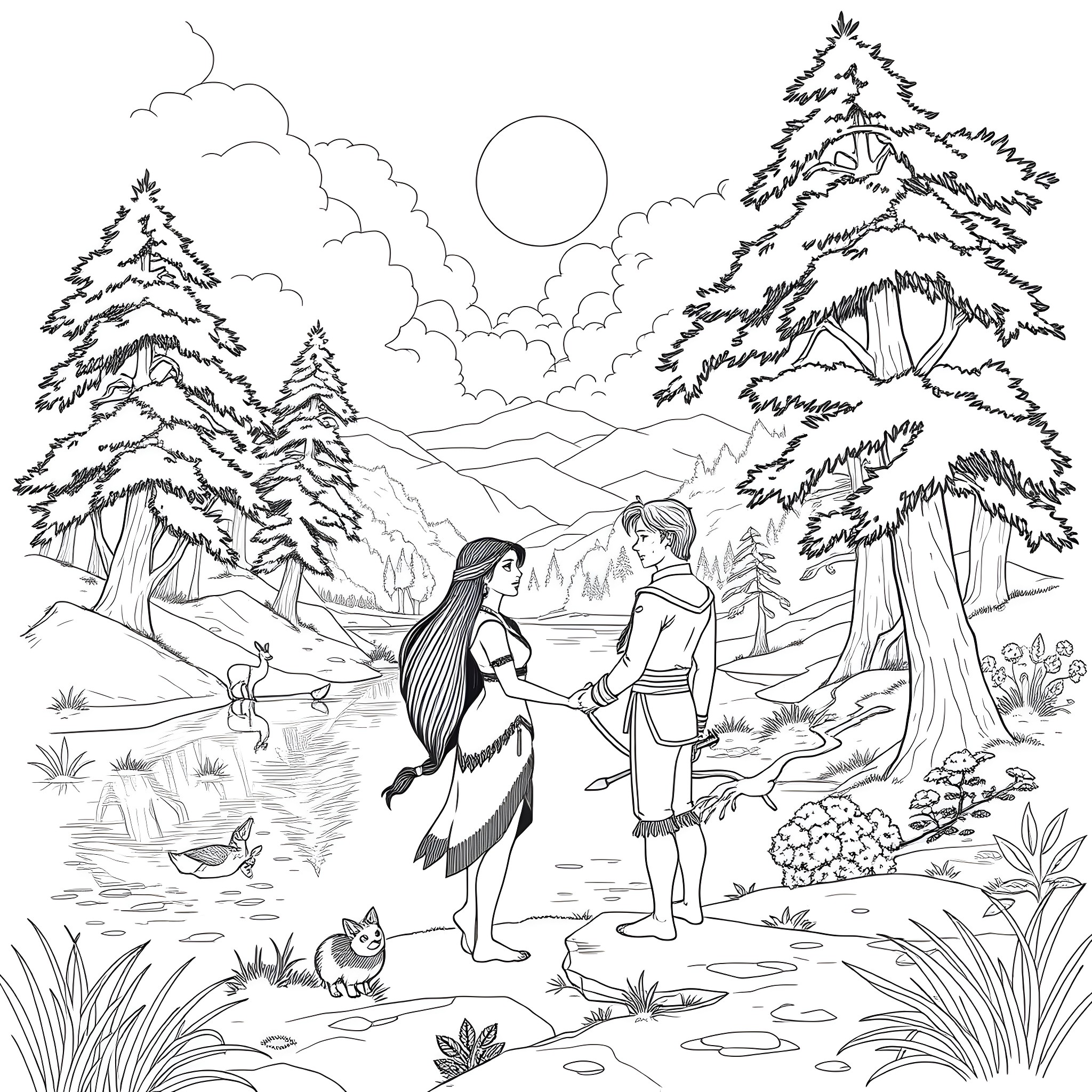 Pocahontas and John Smith in a peaceful forest landscape Coloring Page (free black-and-white line drawing printable PDF for all, from beginners to advanced learners, including children, teens, adults, and seniors)