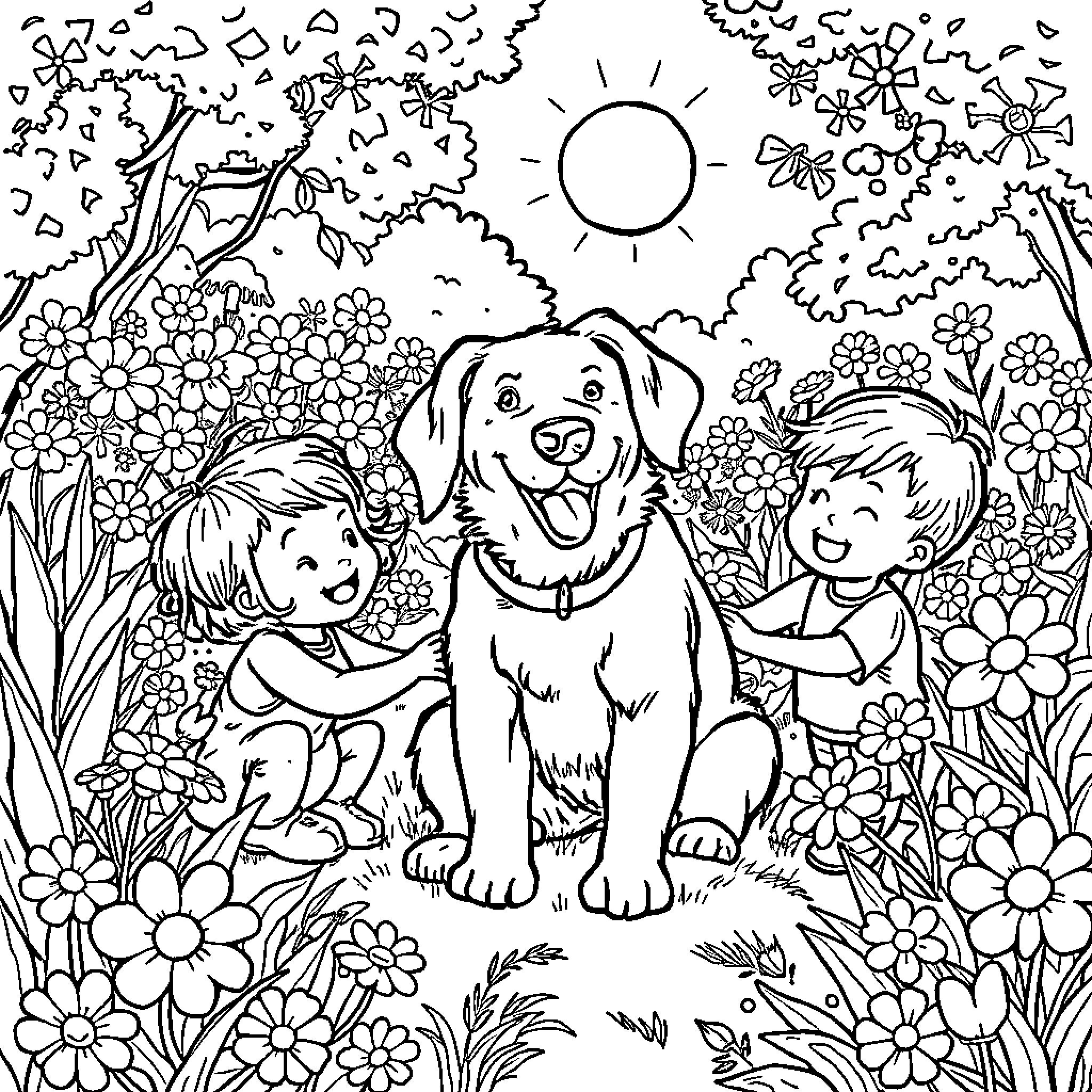 Dog with children playing in a garden Coloring Page (free black-and-white line drawing printable PDF for all, from beginners to advanced learners, including children, teens, adults, and seniors)