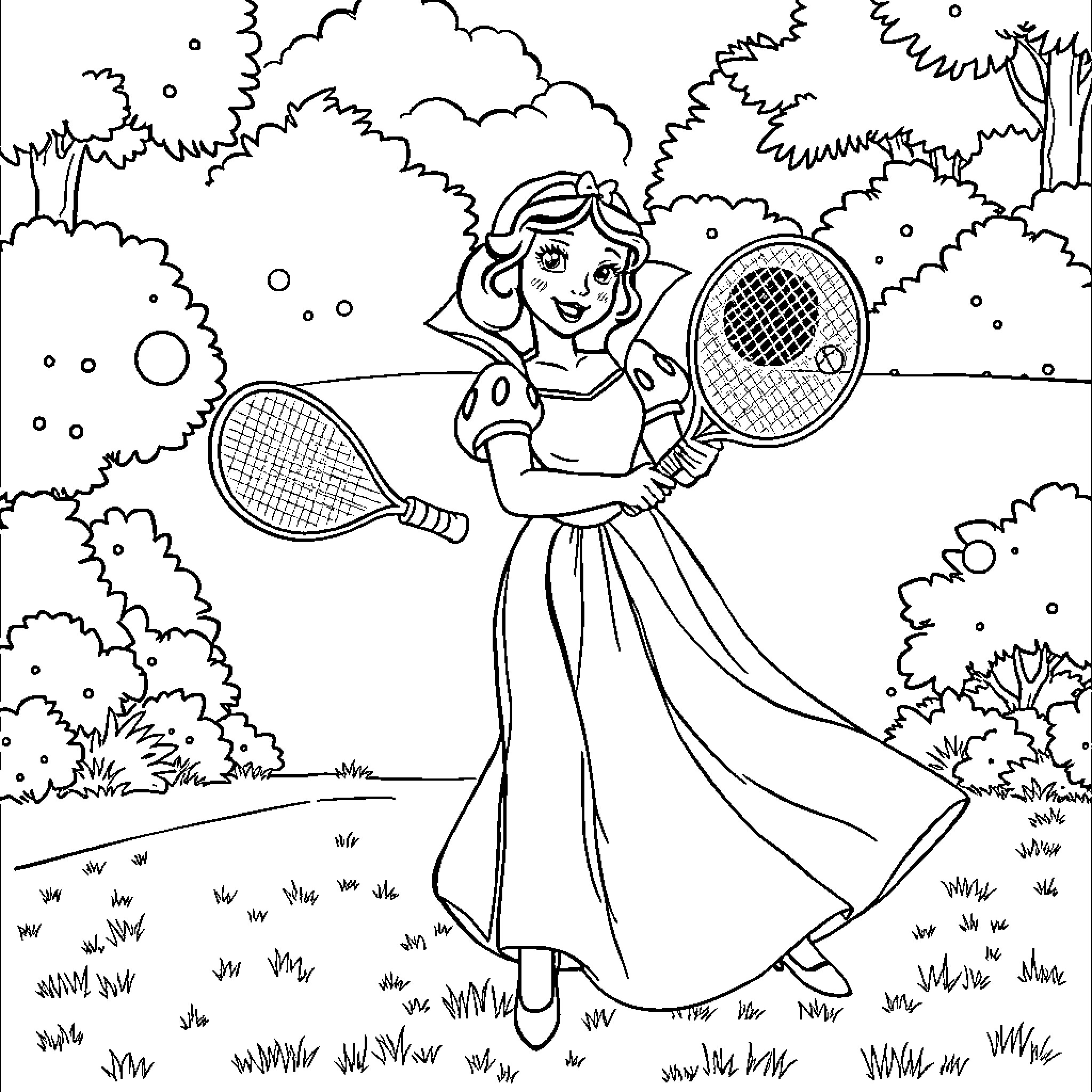 Snow White playing tennis in the forest Coloring Page (free black-and-white line drawing printable PDF for all, from beginners to advanced learners, including children, teens, adults, and seniors)