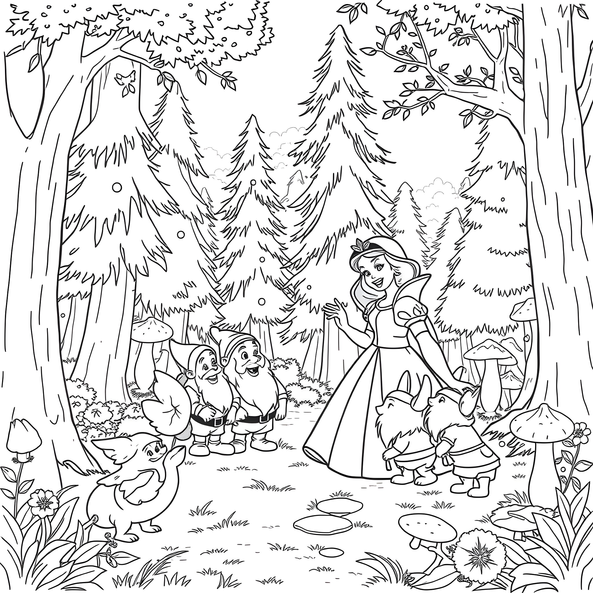 Dwarf friends gather with a princess in the enchanted forest Coloring Page (free black-and-white line drawing printable PDF for all, from beginners to advanced learners, including children, teens, adults, and seniors)