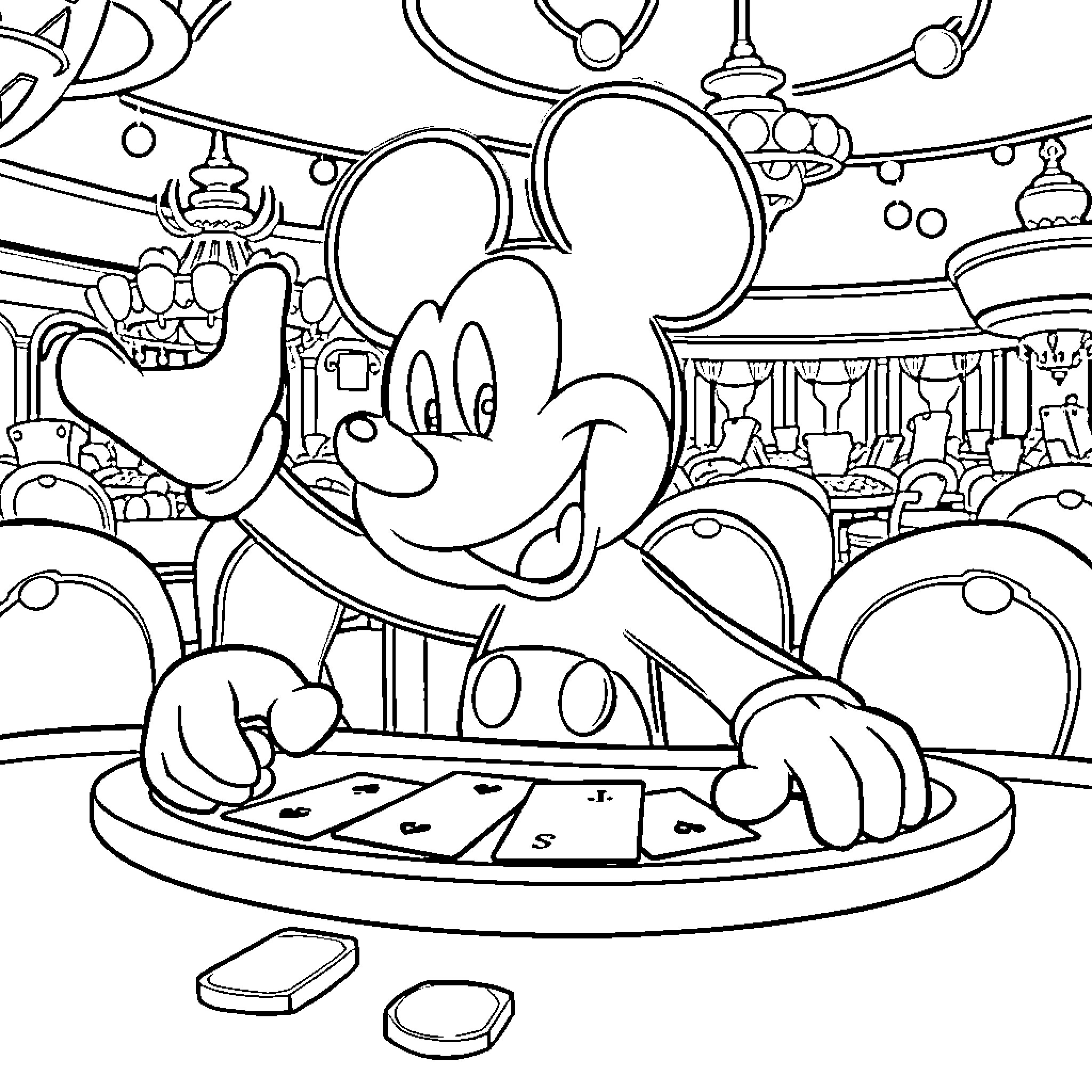 Mickey Enjoying a Musical Performance Coloring Page (free black-and-white line drawing printable PDF for all, from beginners to advanced learners, including children, teens, adults, and seniors)