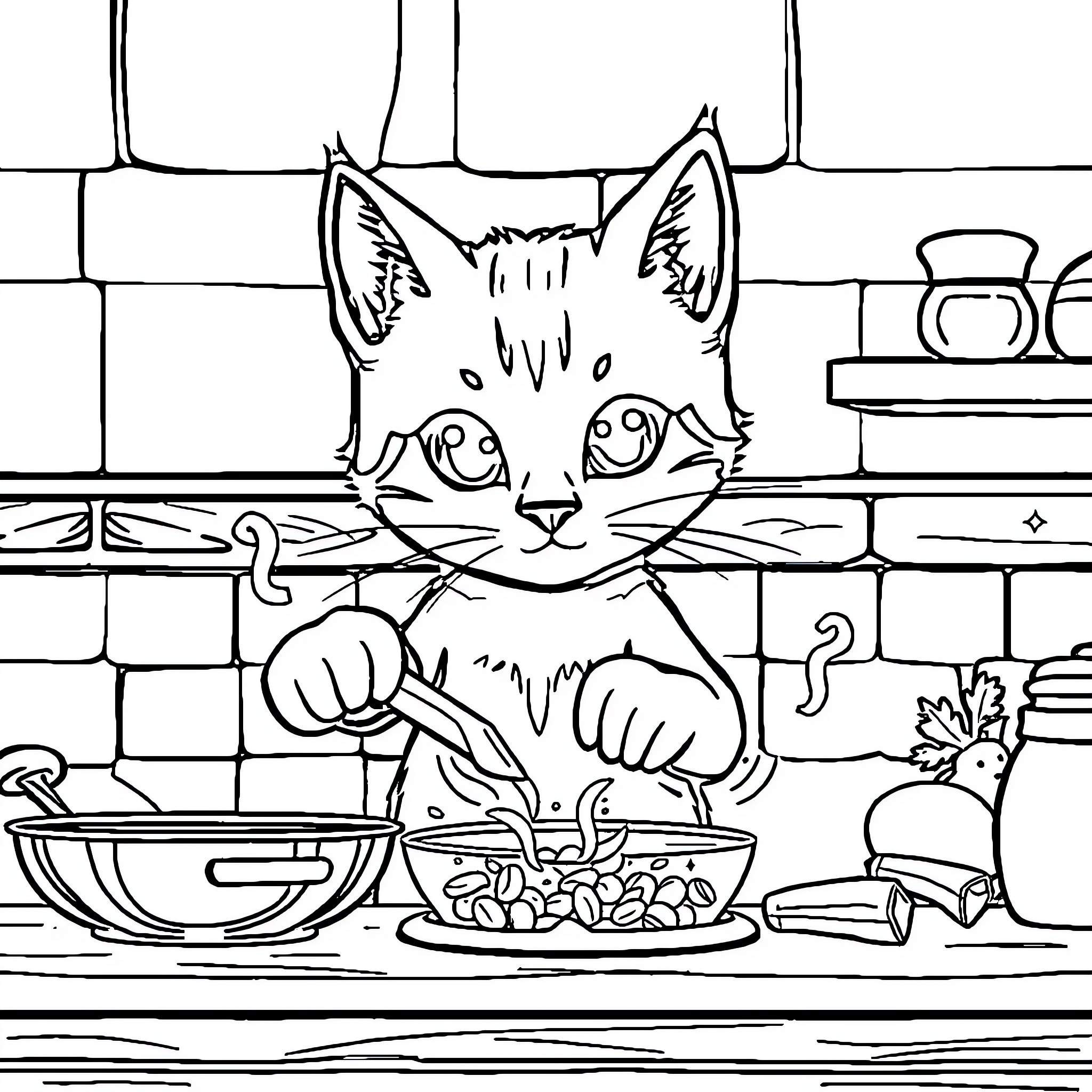 Cat preparing a meal in the kitchen Coloring Page (free black-and-white line drawing printable PDF for all, from beginners to advanced learners, including children, teens, adults, and seniors)