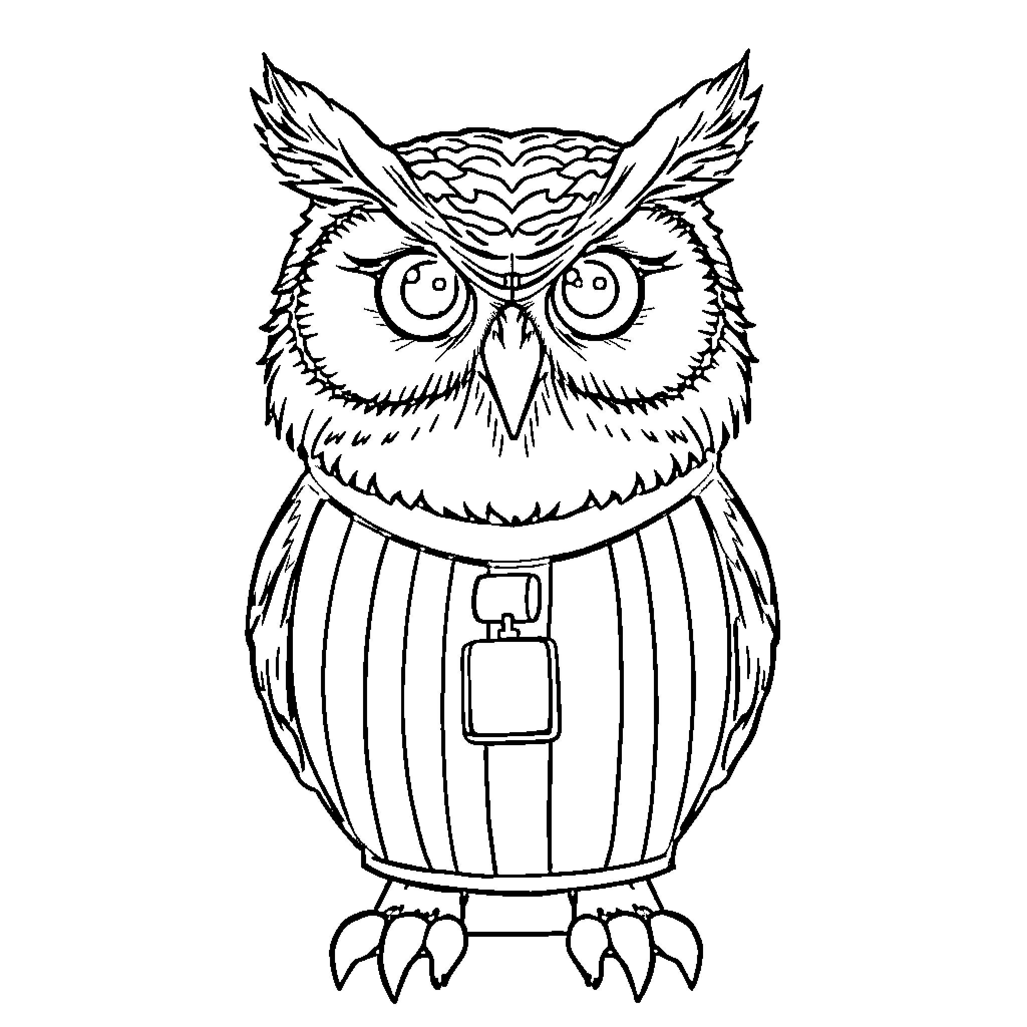 Owl with Perplexed Expression Wearing Vintage Outfit Coloring Page (free black-and-white line drawing printable PDF for all, from beginners to advanced learners, including children, teens, adults, and seniors)