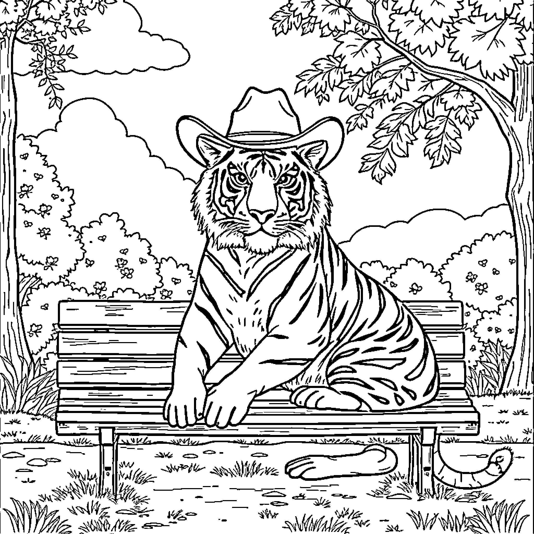 Tiger wearing a cowboy hat sitting on a bench Coloring Page (free black-and-white line drawing printable PDF for all, from beginners to advanced learners, including children, teens, adults, and seniors)
