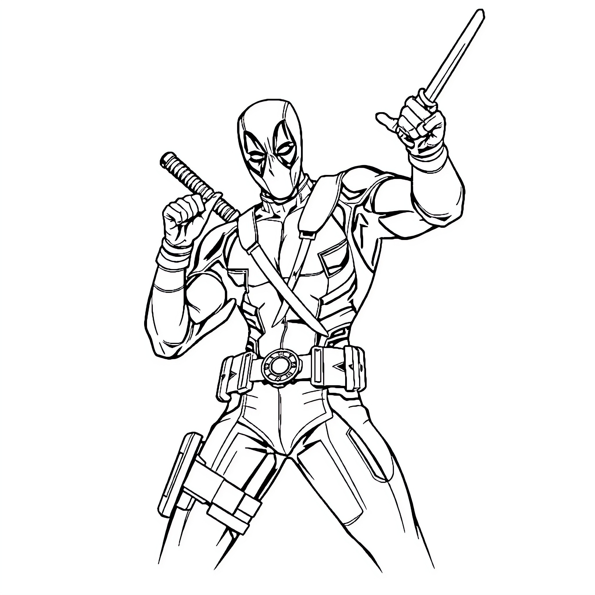 Deadpool Posing Heroically with Swords Coloring Page (free black-and-white line drawing printable PDF for all, from beginners to advanced learners, including children, teens, adults, and seniors)