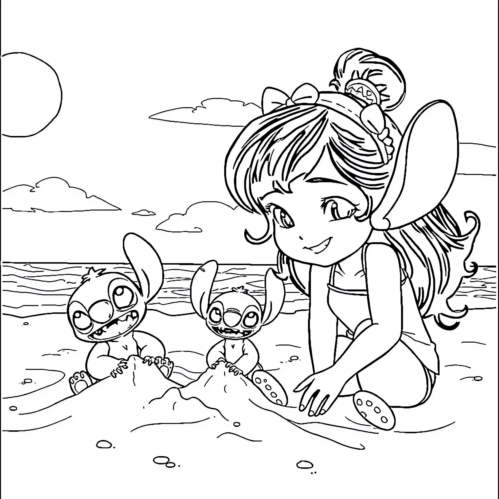 Gaby playing with alien friends on the beach Coloring Page (free black-and-white line drawing printable PDF for all, from beginners to advanced learners, including children, teens, adults, and seniors)