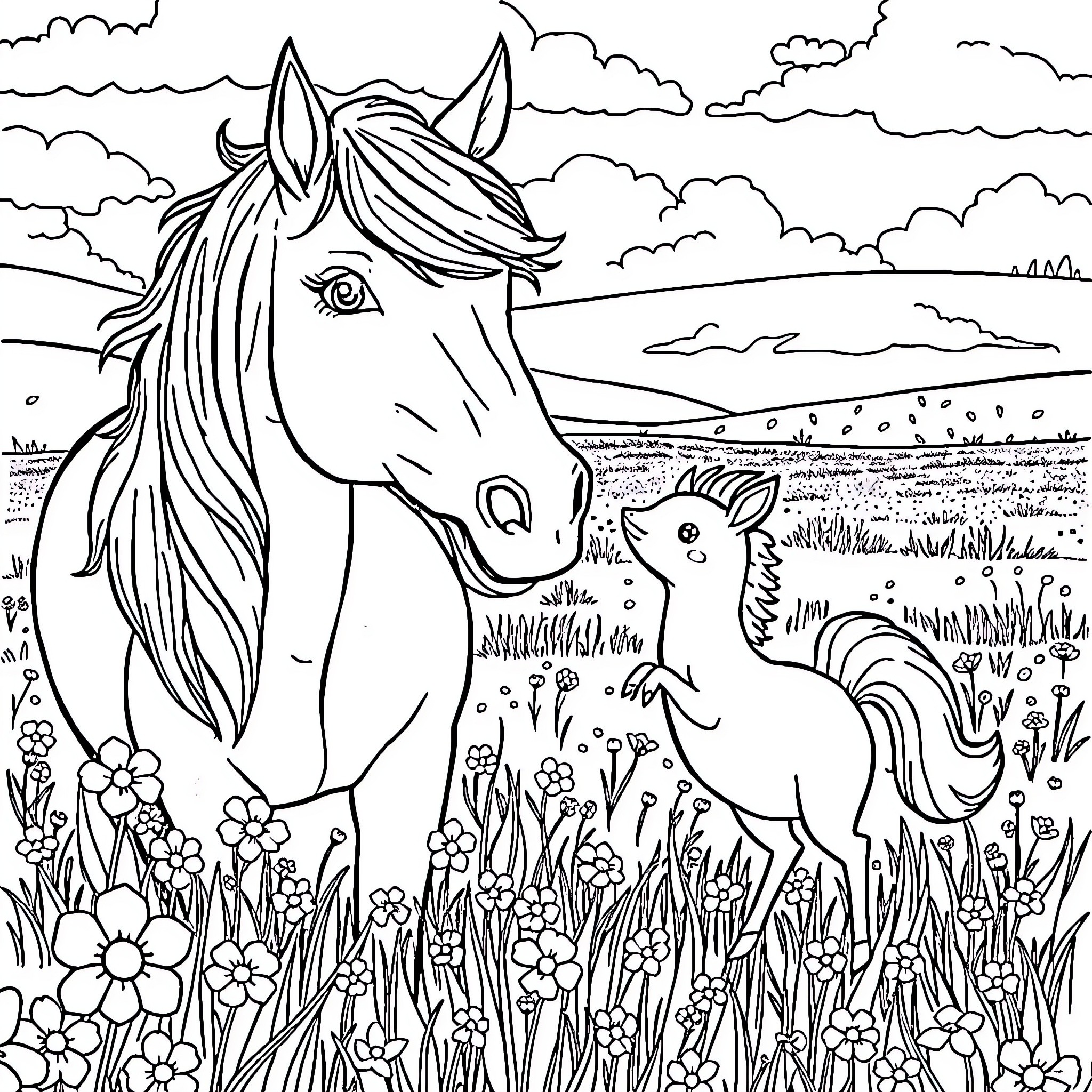 Cheval horse and foal in floral meadow Coloring Page (free black-and-white line drawing printable PDF for all, from beginners to advanced learners, including children, teens, adults, and seniors)
