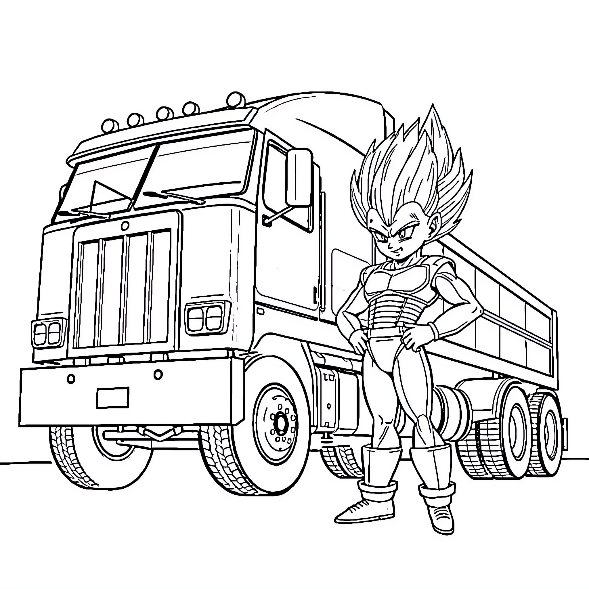 Vegeta stands heroically next to a heavy-duty truck Coloring Page (free black-and-white line drawing printable PDF for all, from beginners to advanced learners, including children, teens, adults, and seniors)