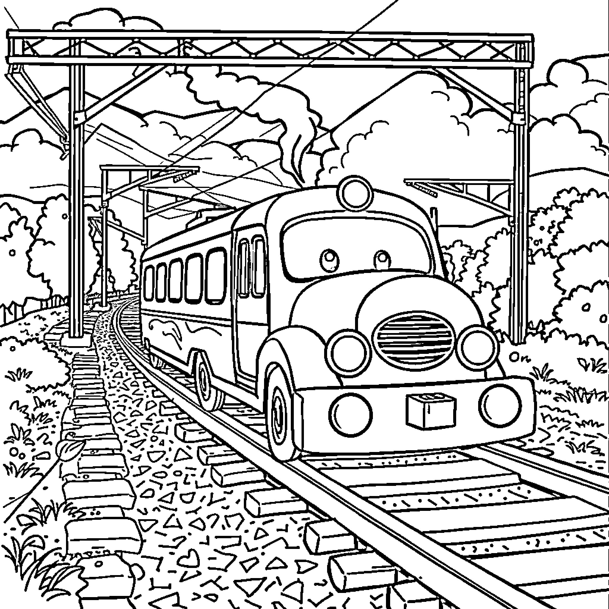 Car traveling on railway track through scenic landscape Coloring Page (free black-and-white line drawing printable PDF for all, from beginners to advanced learners, including children, teens, adults, and seniors)