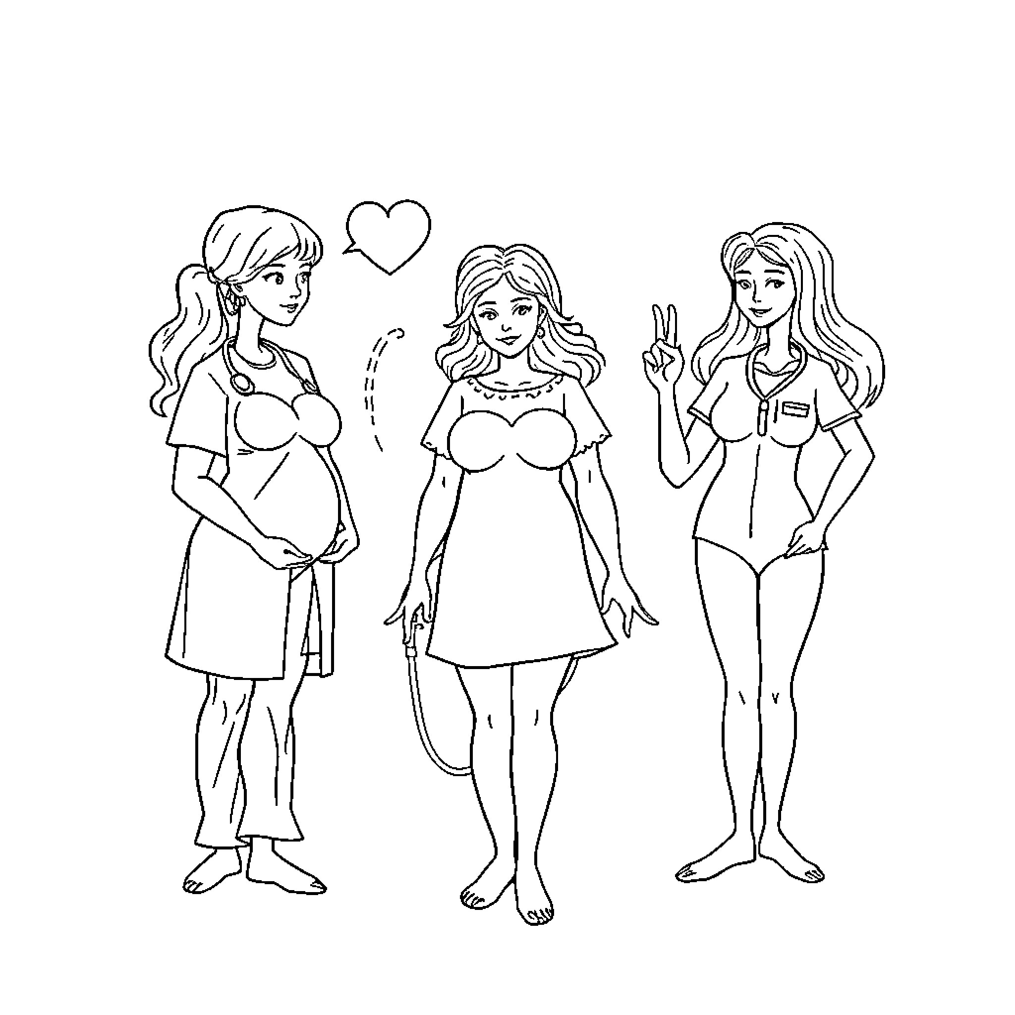 Obgyn Clinic: Diverse Women's Health Expressions Coloring Page (free black-and-white line drawing printable PDF for all, from beginners to advanced learners, including children, teens, adults, and seniors)