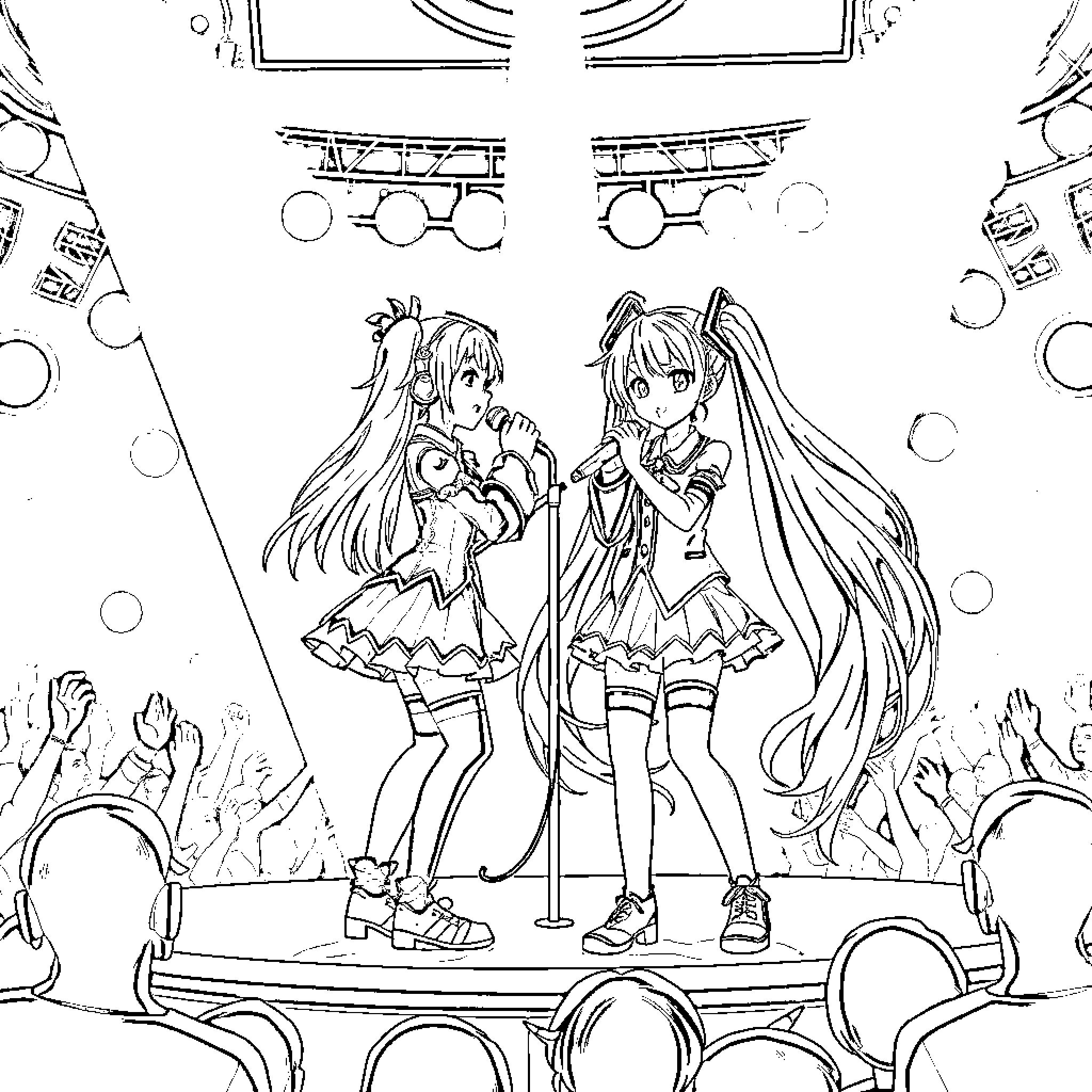 Rumi: Anime-inspired Performers on Stage Coloring Page (free black-and-white line drawing printable PDF for all, from beginners to advanced learners, including children, teens, adults, and seniors)