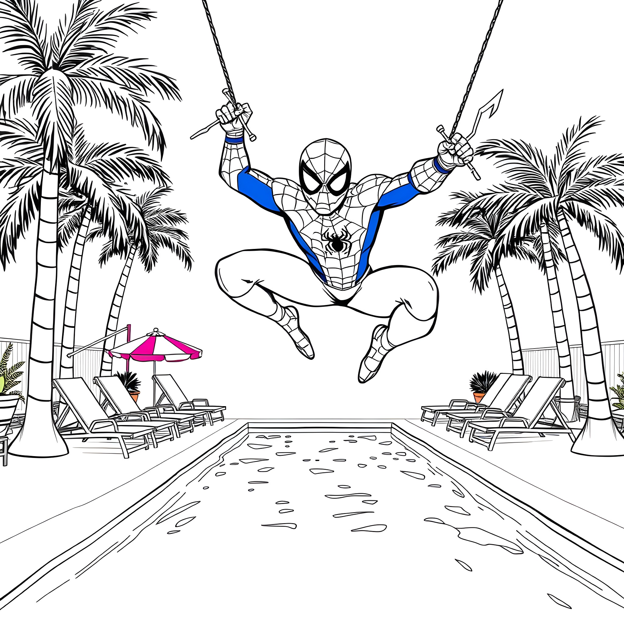 Spiderman swinging through the palm trees in a tropical paradise Coloring Page (free black-and-white line drawing printable PDF for all, from beginners to advanced learners, including children, teens, adults, and seniors)