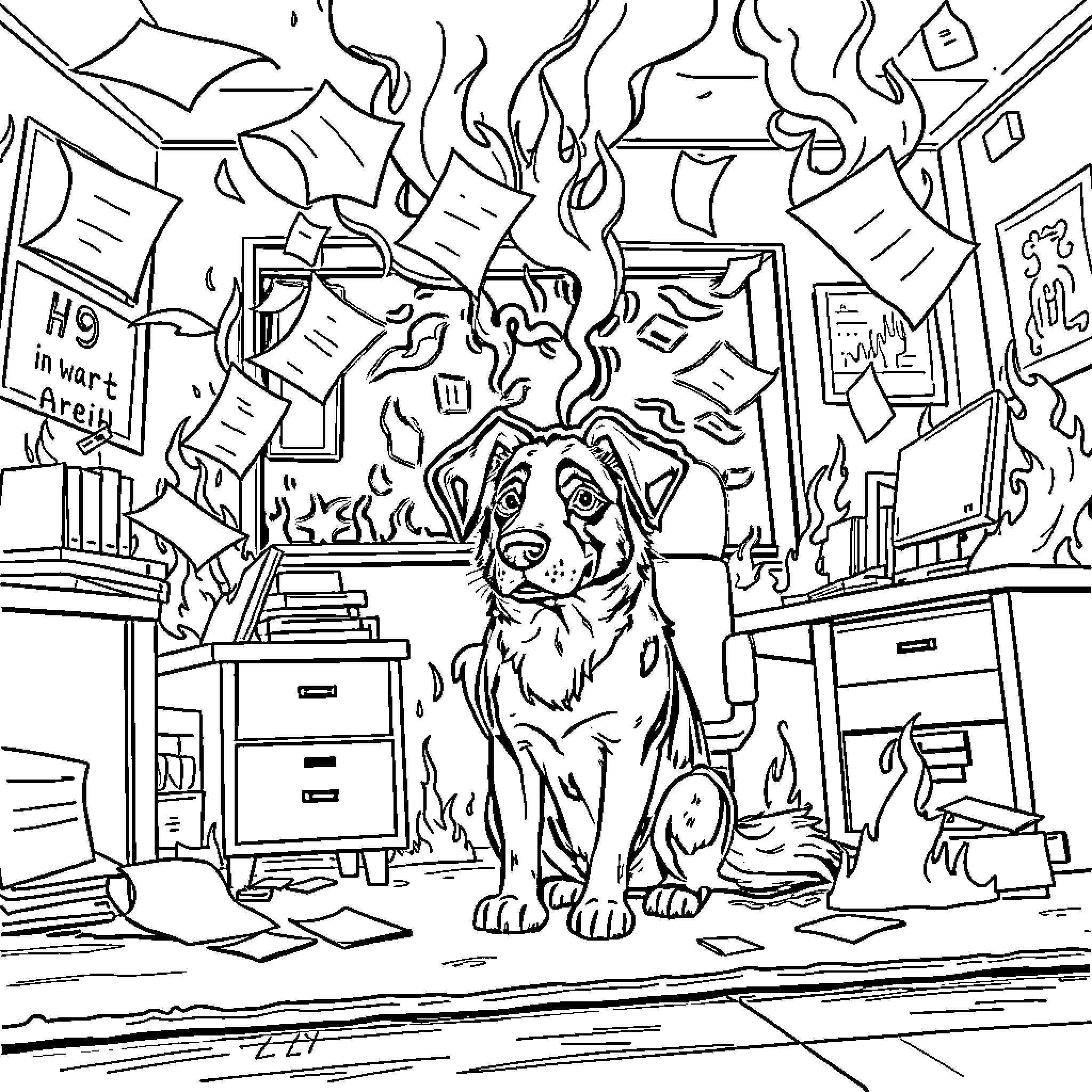 Dog sitting in a messy, cluttered office Coloring Page (free black-and-white line drawing printable PDF for all, from beginners to advanced learners, including children, teens, adults, and seniors)