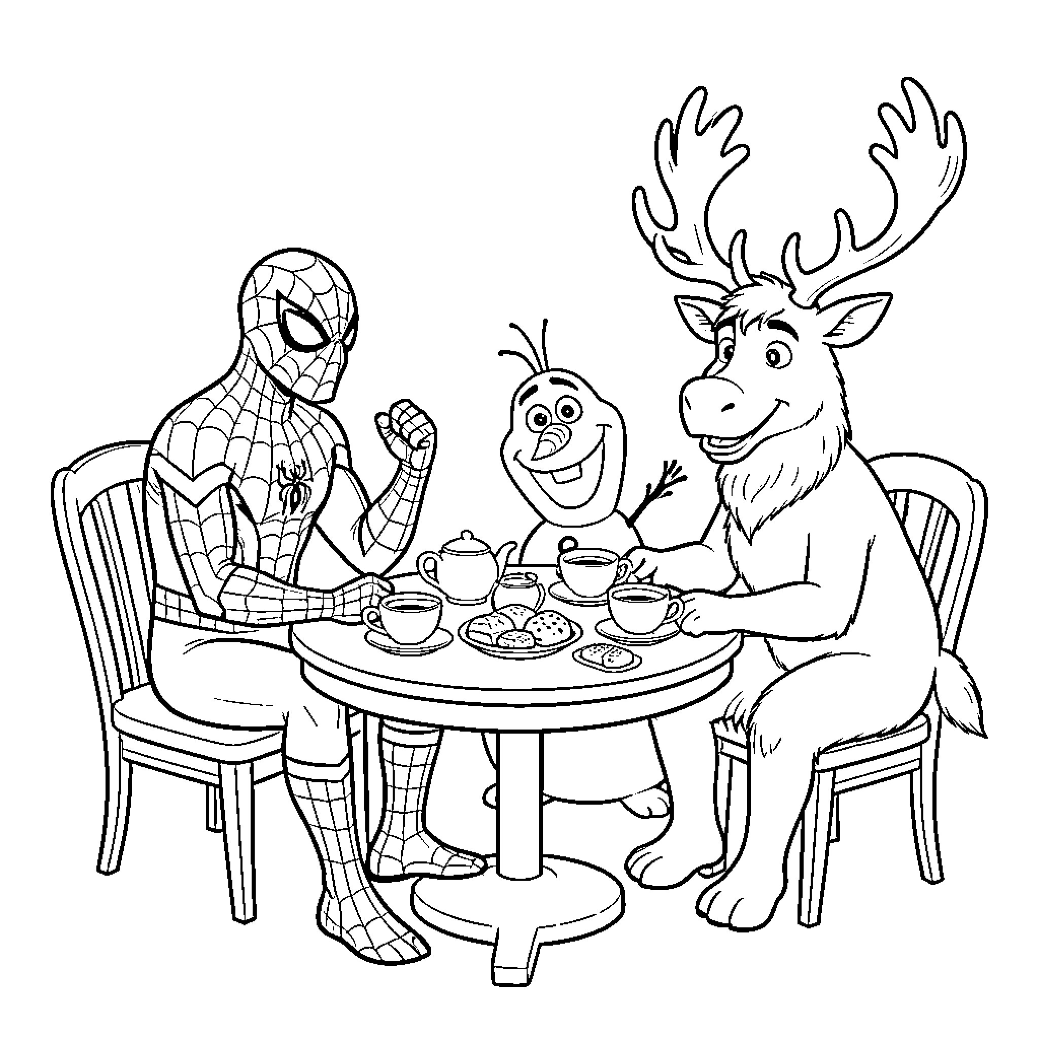 Spiderman having tea with Olaf and Sven Coloring Page (free black-and-white line drawing printable PDF for all, from beginners to advanced learners, including children, teens, adults, and seniors)
