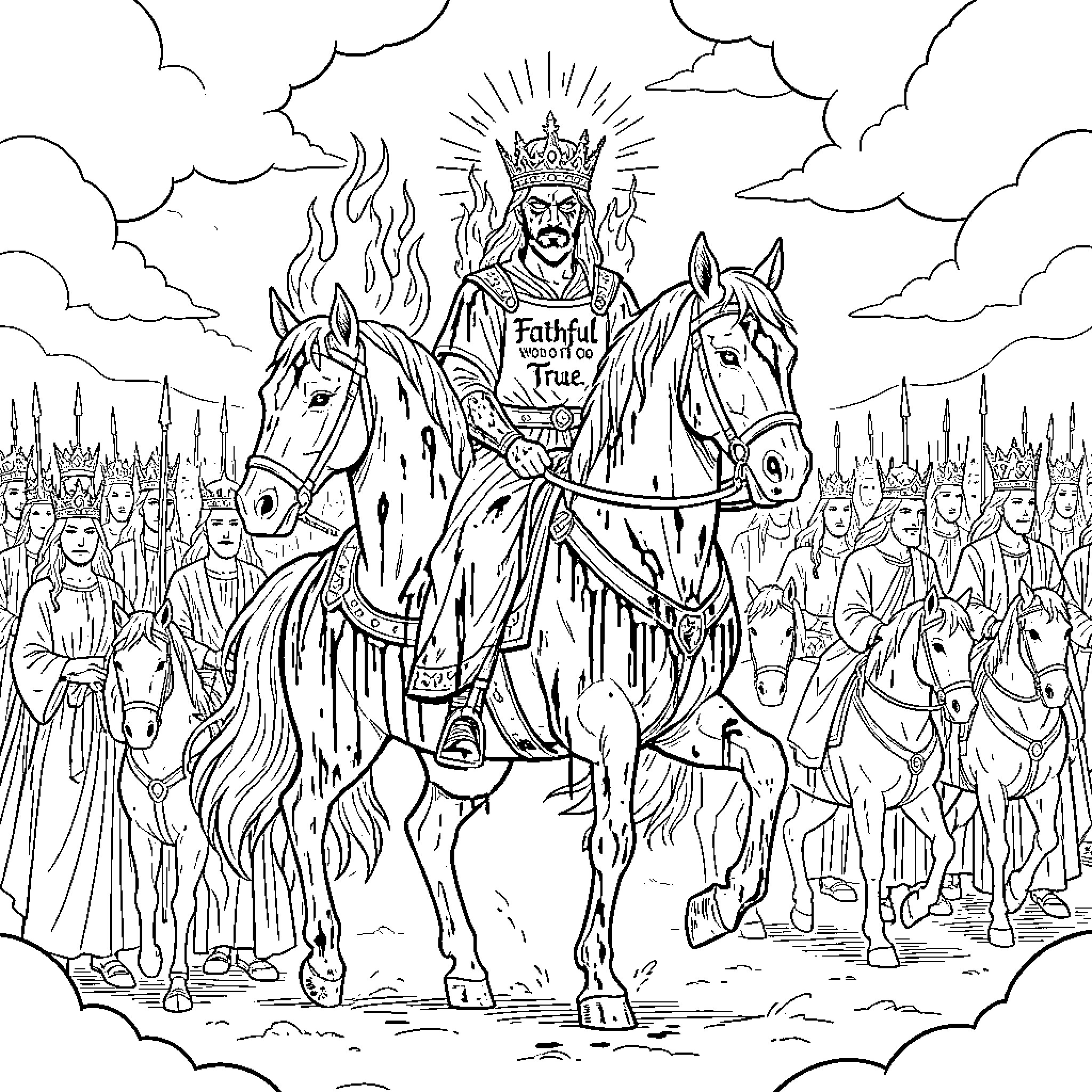 Horse and king leading a grand royal procession Coloring Page (free black-and-white line drawing printable PDF for all, from beginners to advanced learners, including children, teens, adults, and seniors)