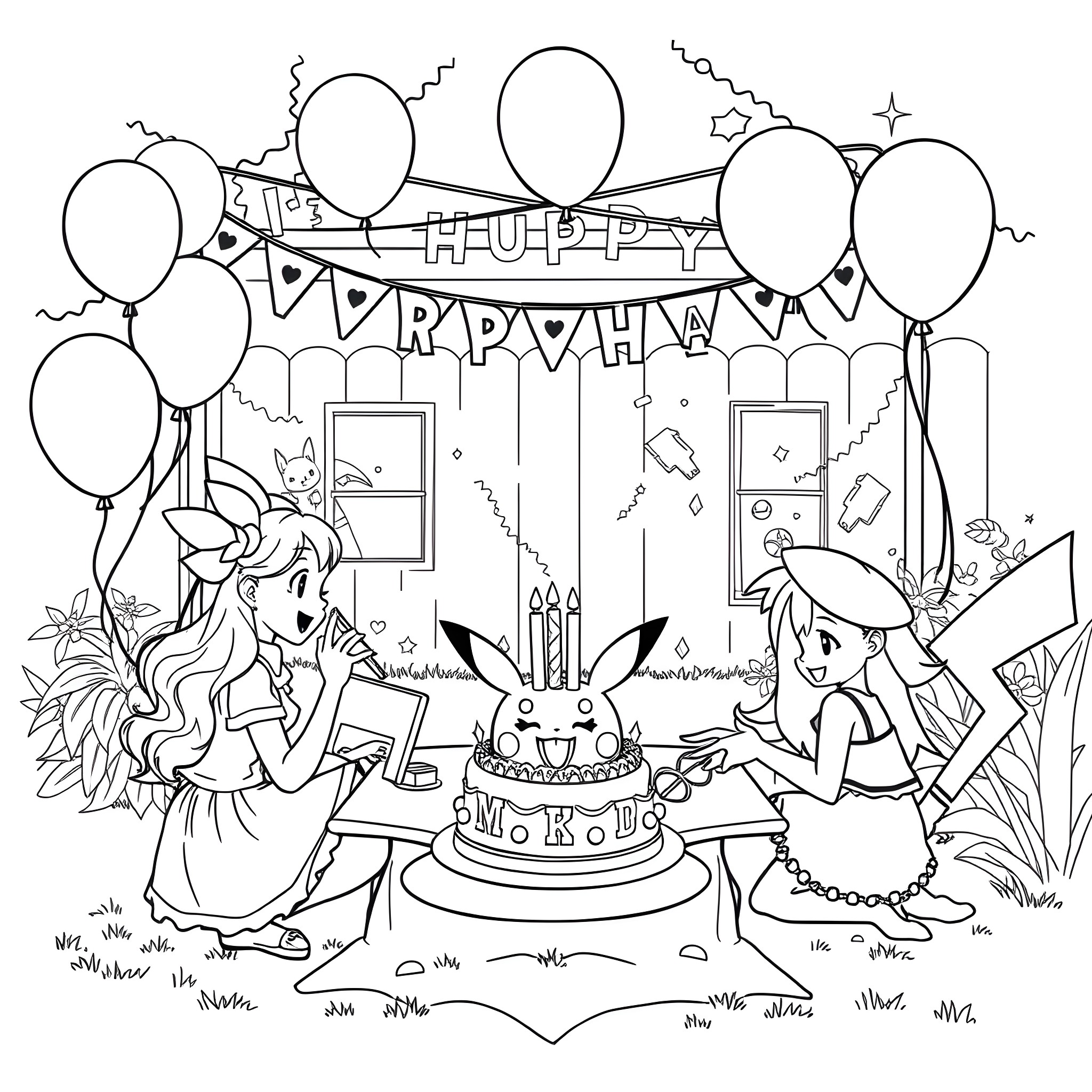 Pokémon characters celebrating a happy birthday party Coloring Page (free black-and-white line drawing printable PDF for all, from beginners to advanced learners, including children, teens, adults, and seniors)