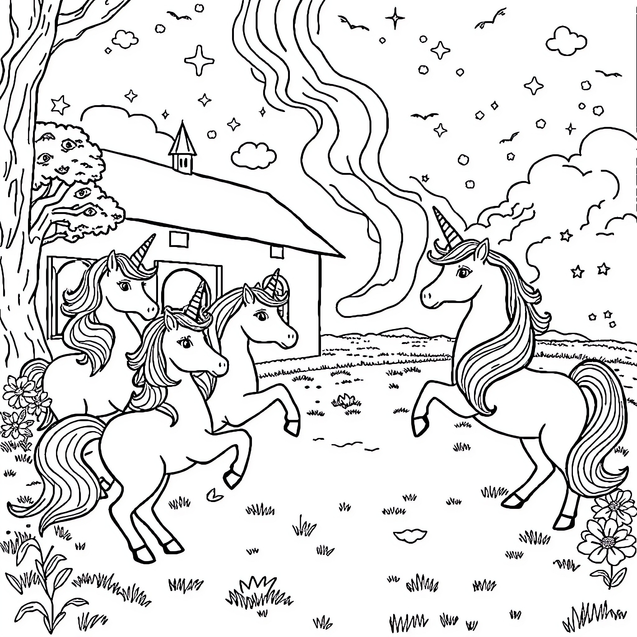 Unicorn Duo Dancing in Mystical Meadow Coloring Page (free black-and-white line drawing printable PDF for all, from beginners to advanced learners, including children, teens, adults, and seniors)