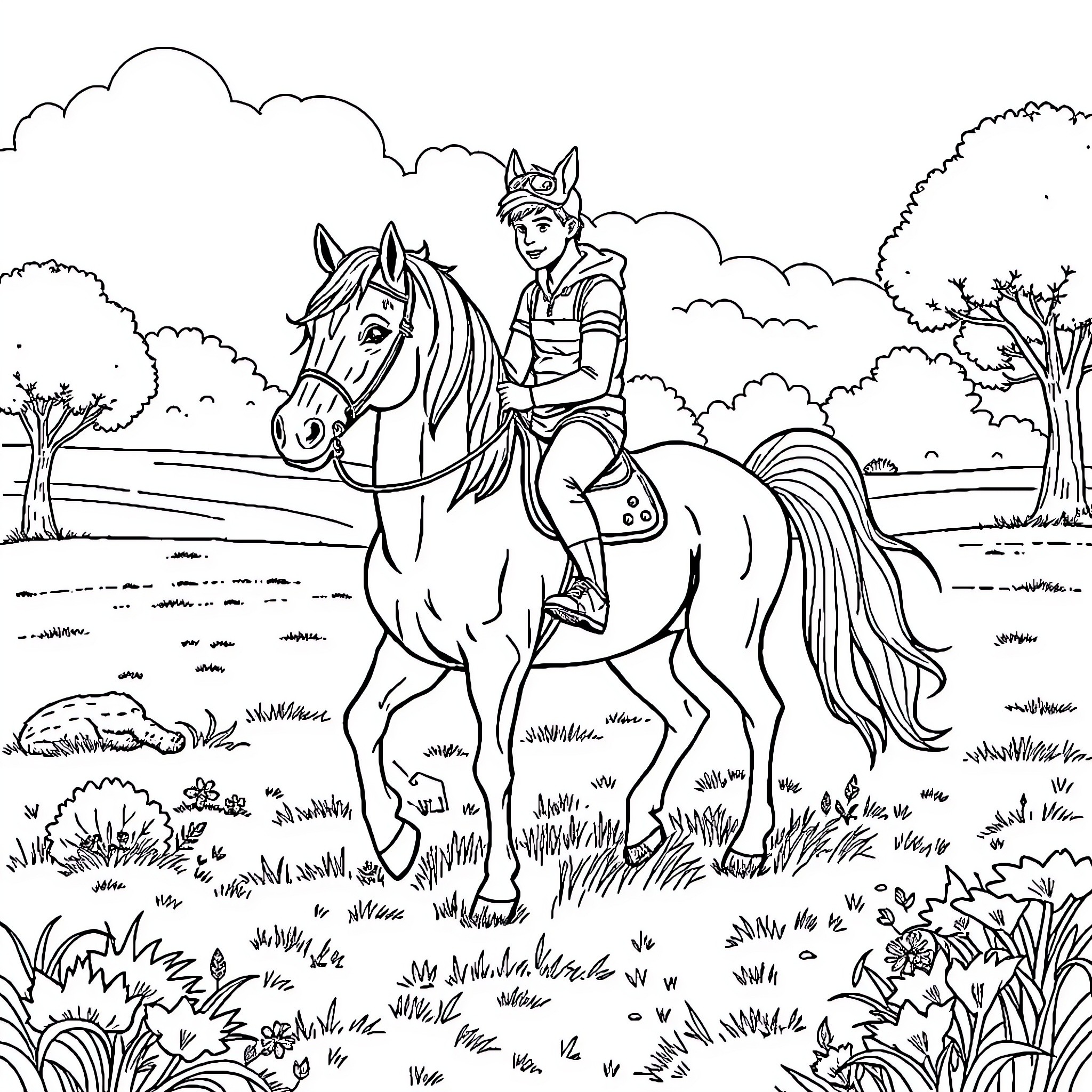 Tung Tung's Tranquil Horse Ride in the Countryside Coloring Page (free black-and-white line drawing printable PDF for all, from beginners to advanced learners, including children, teens, adults, and seniors)