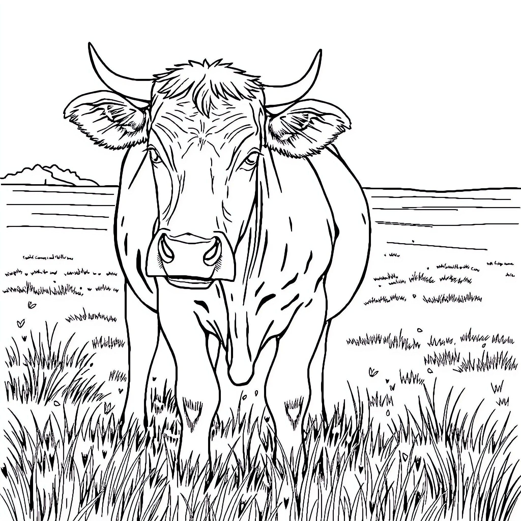 Cow standing in a grassy field Coloring Page (free black-and-white line drawing printable PDF for all, from beginners to advanced learners, including children, teens, adults, and seniors)