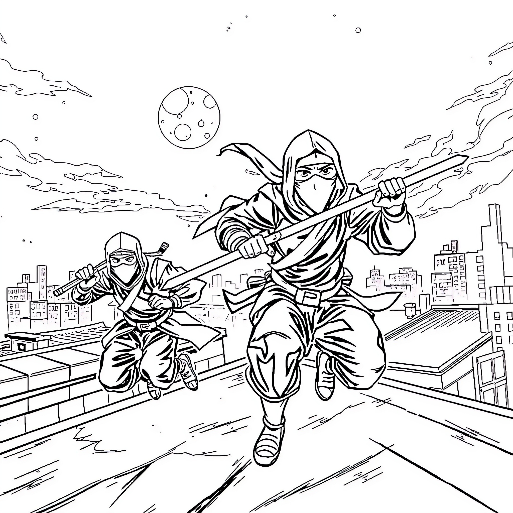 Ninja warriors in action on rooftops Coloring Page (free black-and-white line drawing printable PDF for all, from beginners to advanced learners, including children, teens, adults, and seniors)