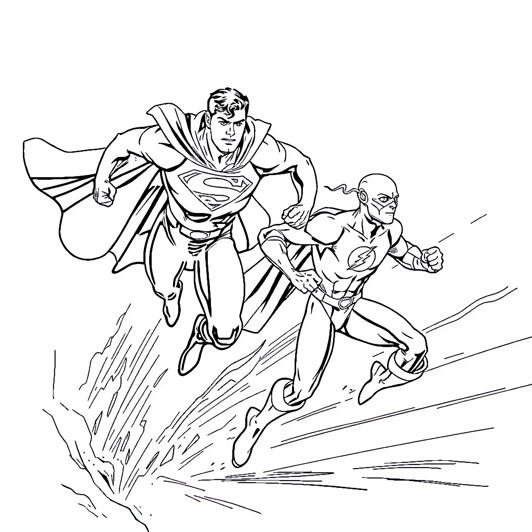 Superman and Flash in high-speed chase Coloring Page (free black-and-white line drawing printable PDF for all, from beginners to advanced learners, including children, teens, adults, and seniors)