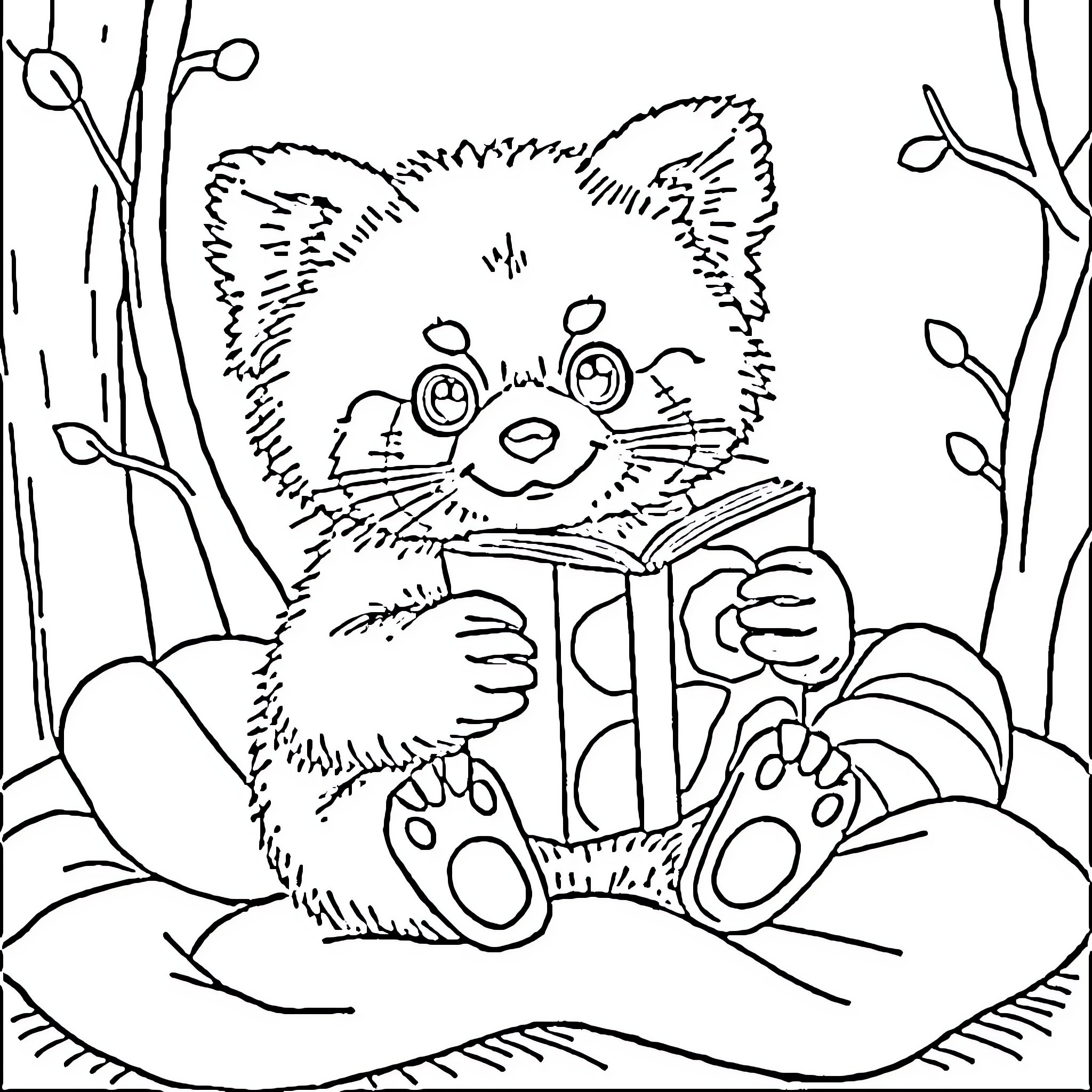Red Panda reading a book in the forest Coloring Page (free black-and-white line drawing printable PDF for all, from beginners to advanced learners, including children, teens, adults, and seniors)