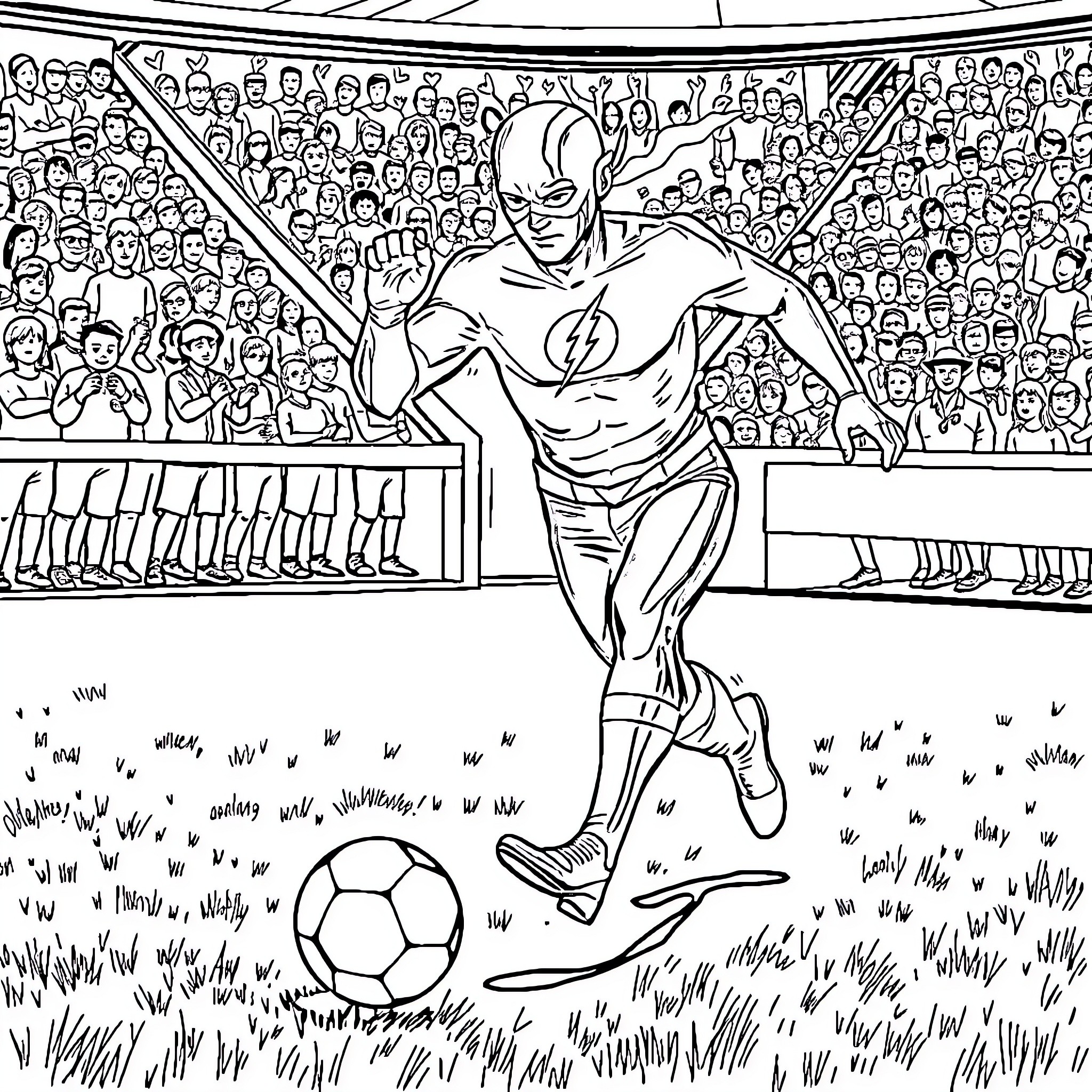 Flash Soccer Player Scores Winning Goal Coloring Page (free black-and-white line drawing printable PDF for all, from beginners to advanced learners, including children, teens, adults, and seniors)