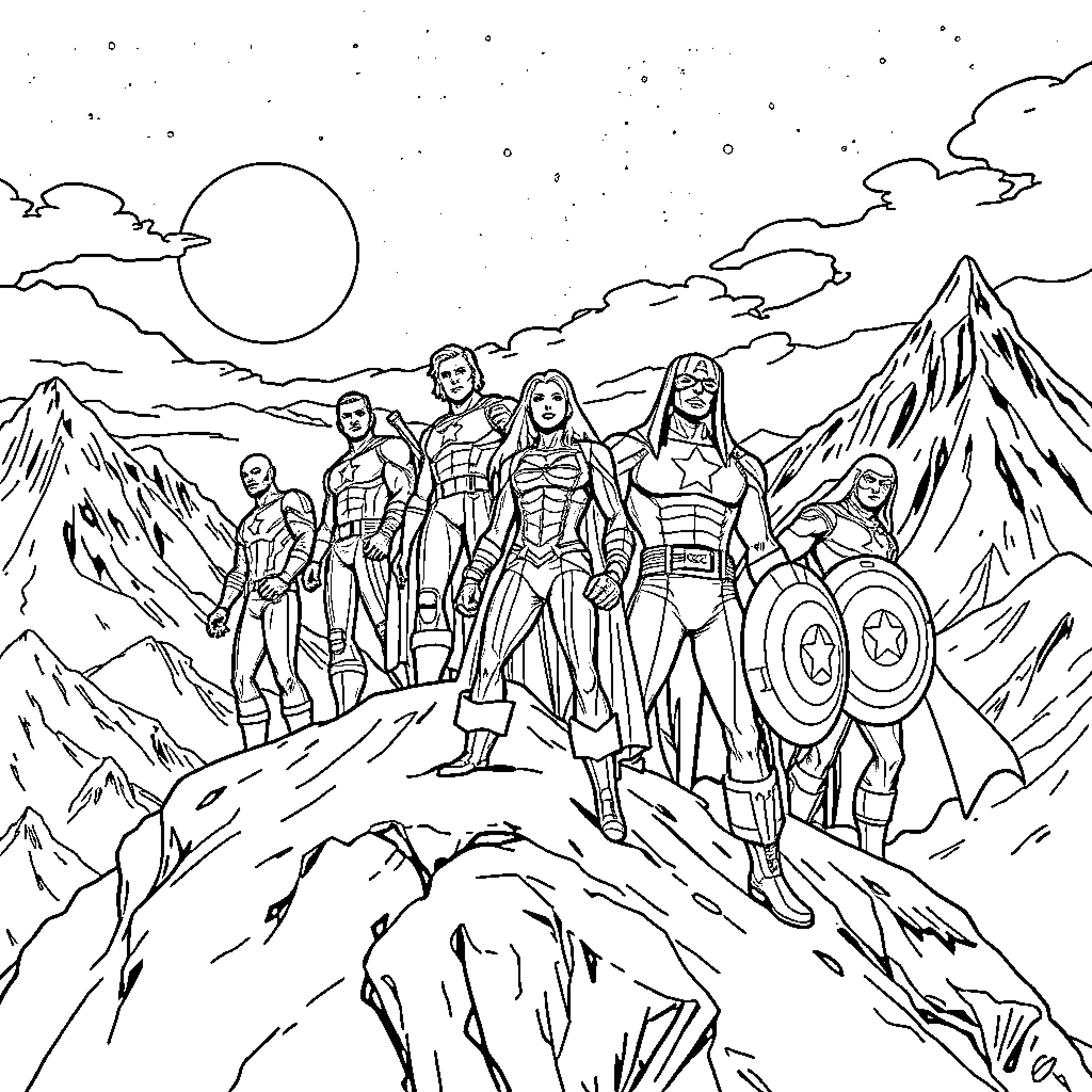 Avengers assembling on a snowy mountain peak Coloring Page (free black-and-white line drawing printable PDF for all, from beginners to advanced learners, including children, teens, adults, and seniors)
