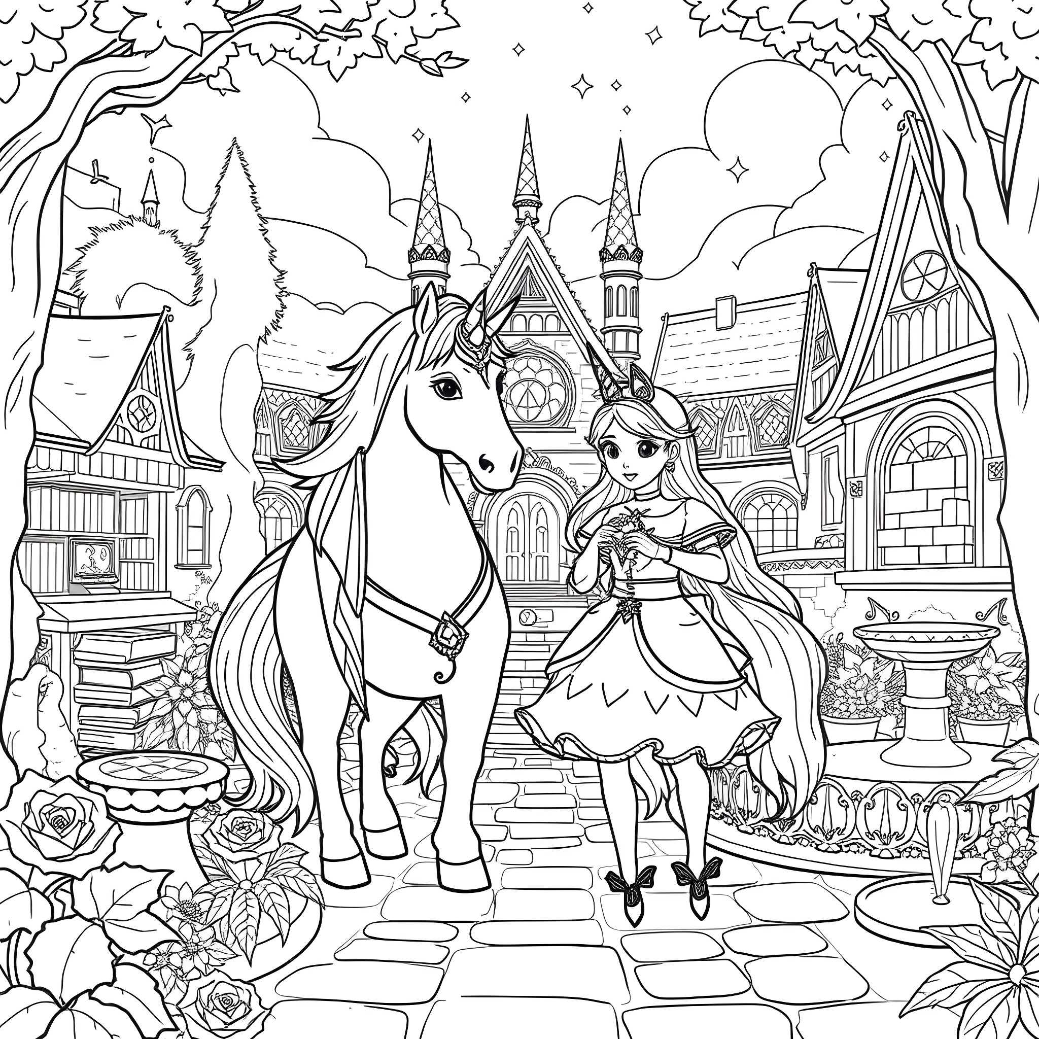 Unicorn and Princess in a Magical Castle Coloring Page (free black-and-white line drawing printable PDF for all, from beginners to advanced learners, including children, teens, adults, and seniors)