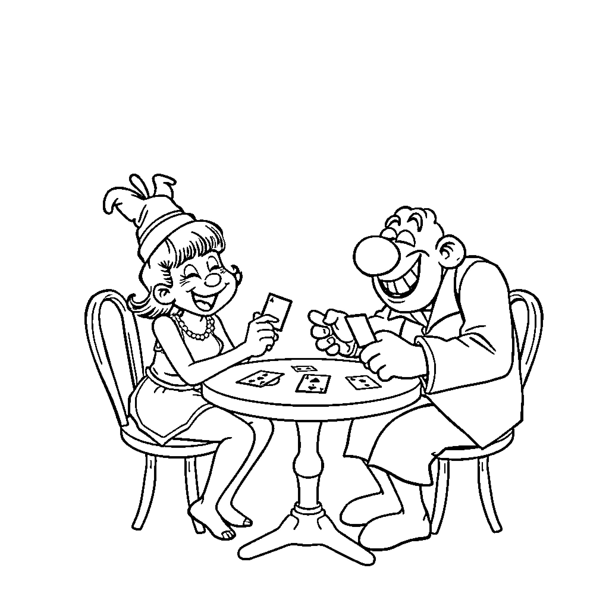 Arale playing card games with friend Coloring Page (free black-and-white line drawing printable PDF for all, from beginners to advanced learners, including children, teens, adults, and seniors)
