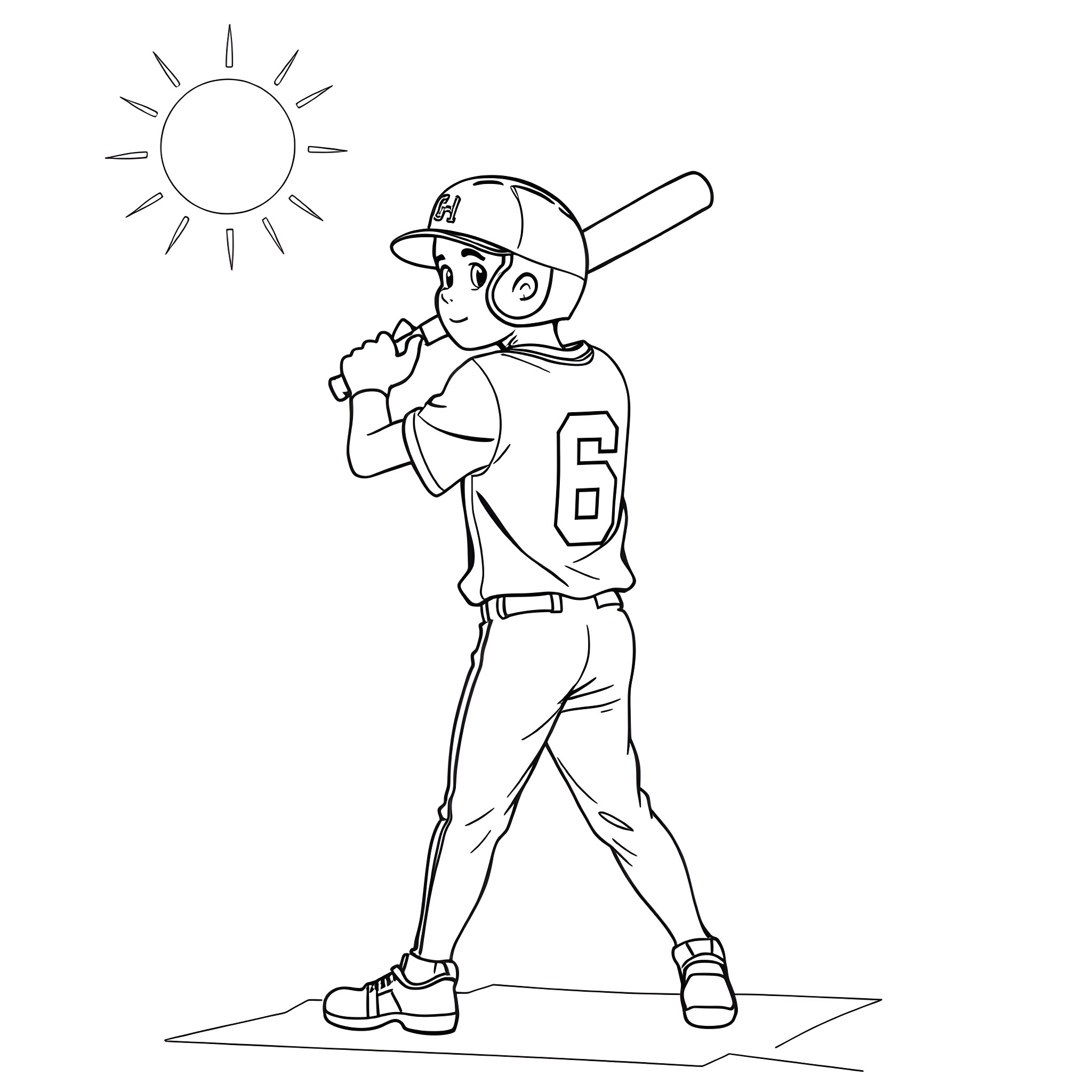 Tee Ball Player Batting in the Sun Coloring Page (free black-and-white line drawing printable PDF for all, from beginners to advanced learners, including children, teens, adults, and seniors)