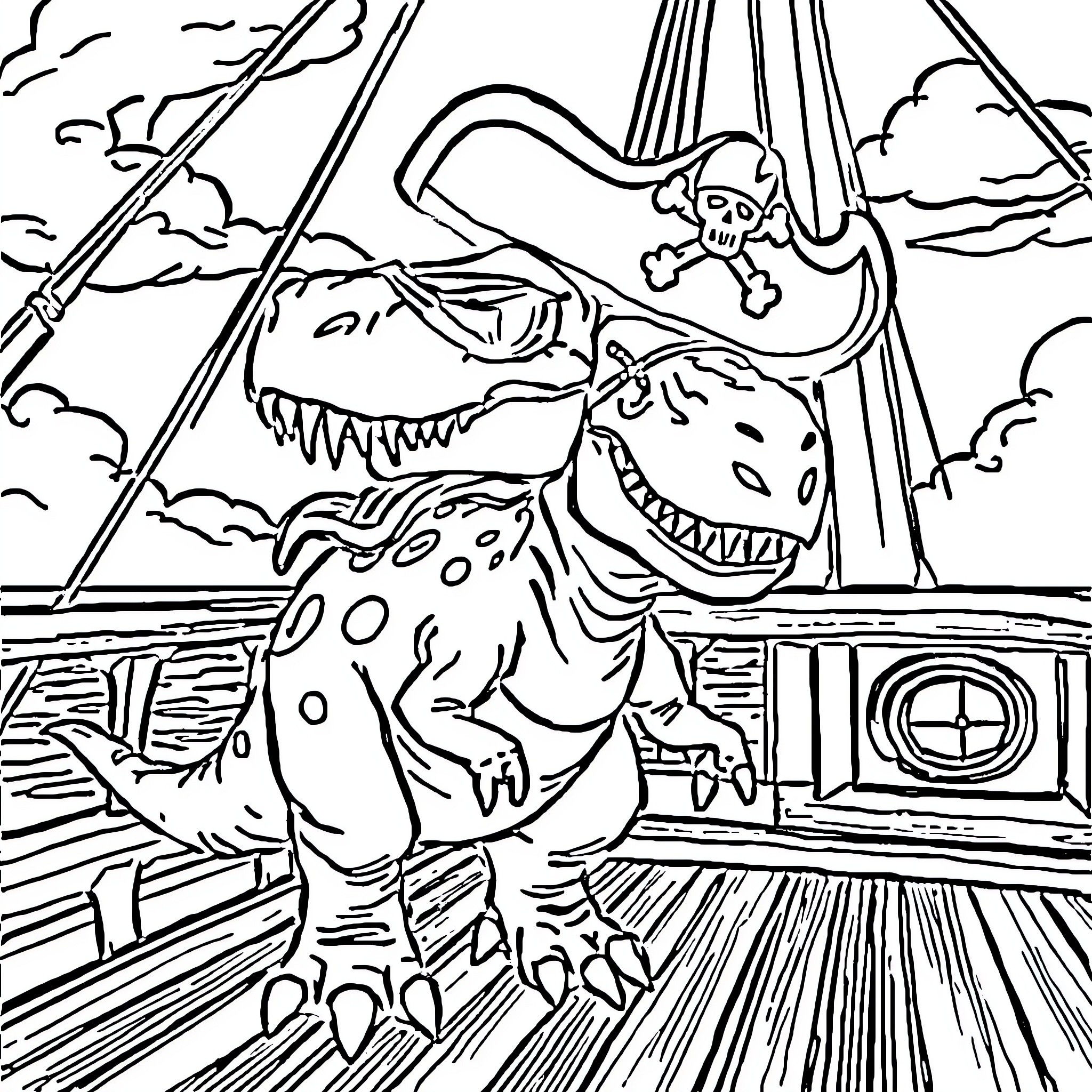 Pirate Dinosaur Sailing the High Seas Coloring Page (free black-and-white line drawing printable PDF for all, from beginners to advanced learners, including children, teens, adults, and seniors)