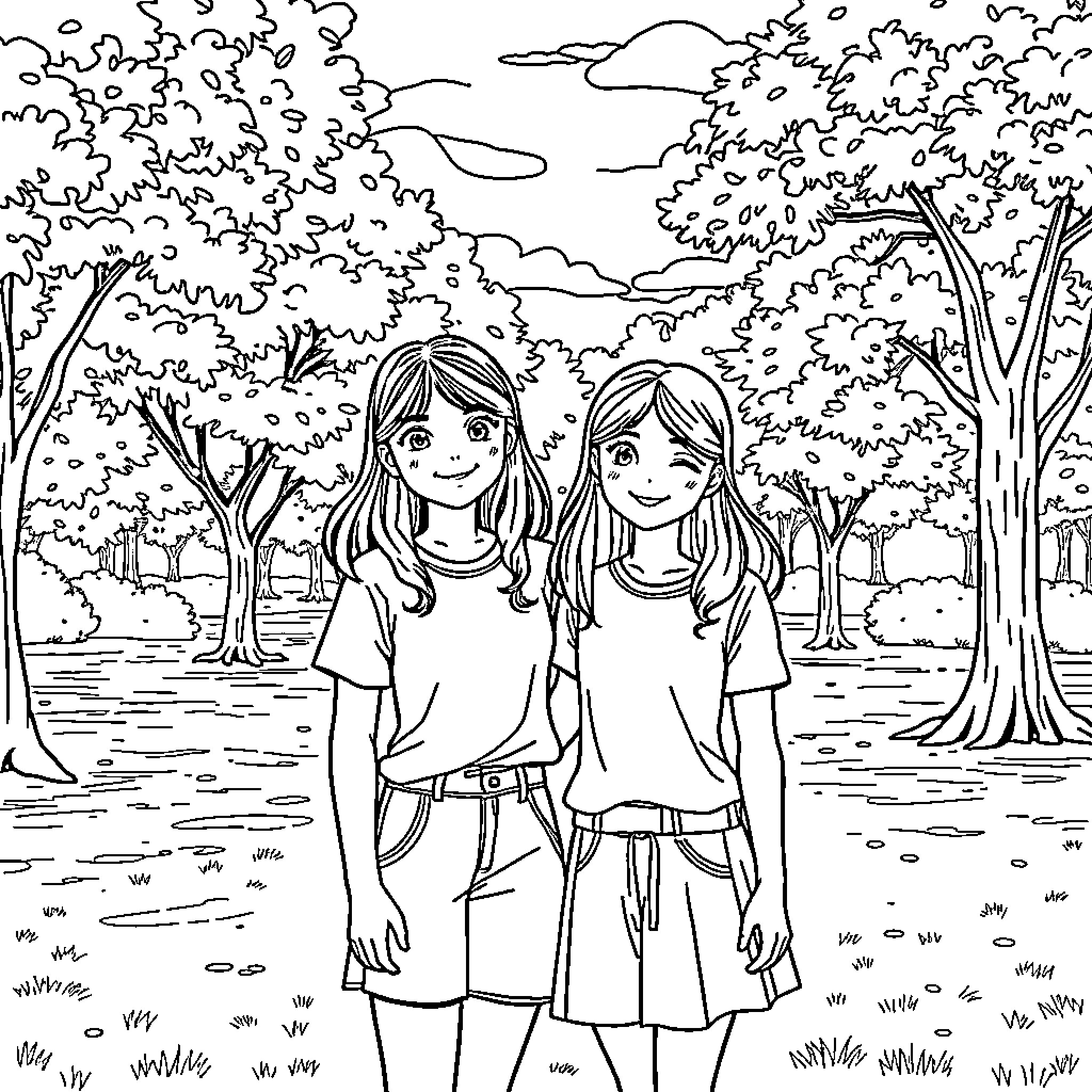 Girls explore the enchanted forest together Coloring Page (free black-and-white line drawing printable PDF for all, from beginners to advanced learners, including children, teens, adults, and seniors)