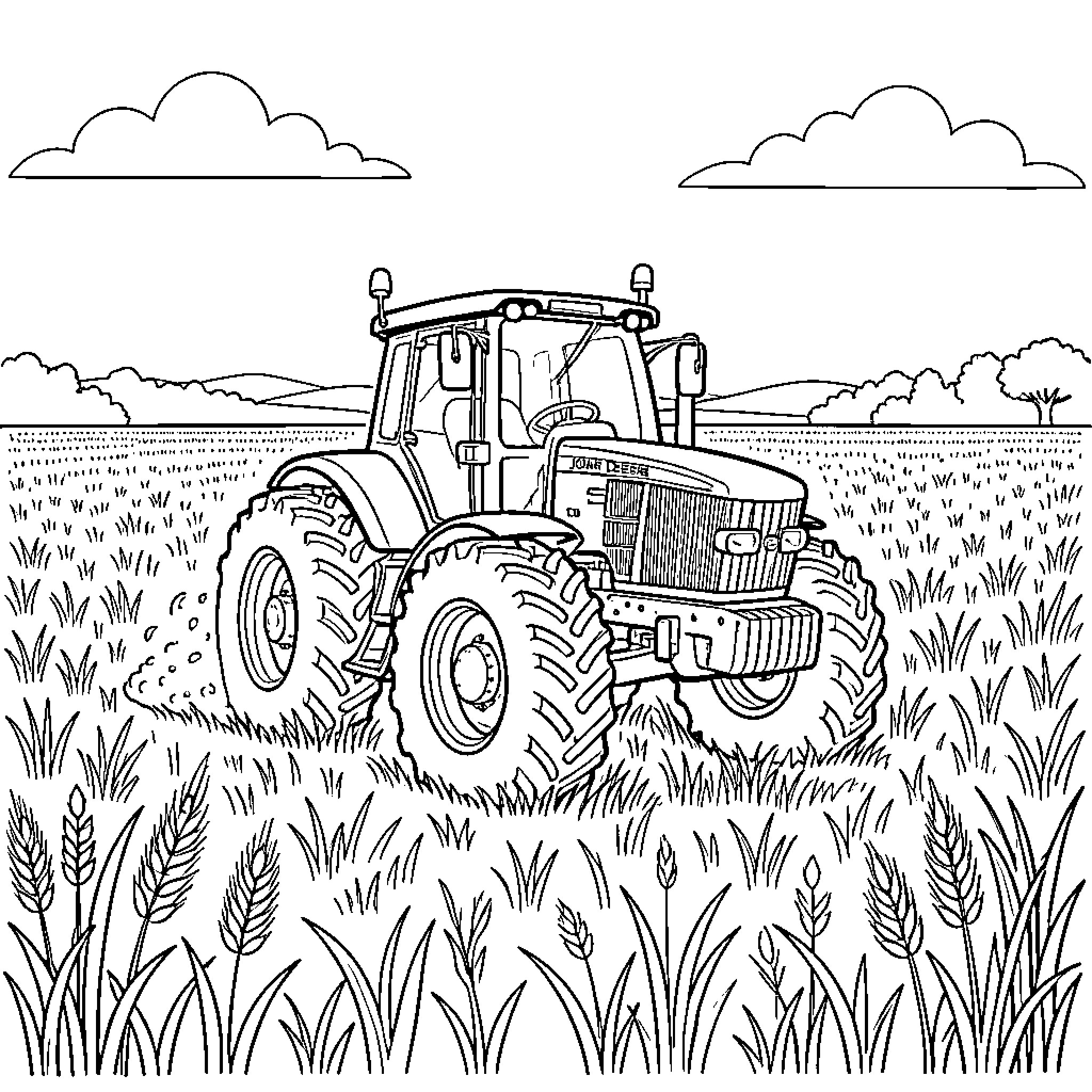 Tractor driving through a vast field of wheat Coloring Page (free black-and-white line drawing printable PDF for all, from beginners to advanced learners, including children, teens, adults, and seniors)