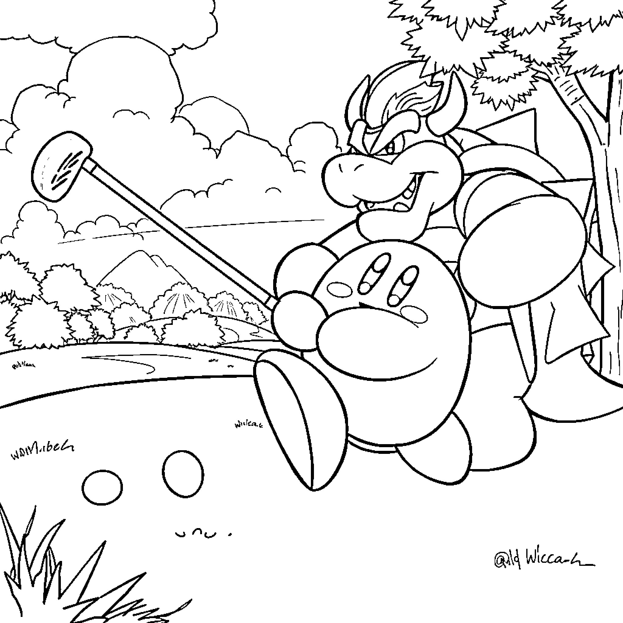 Kirby enjoying an adventure in a scenic landscape Coloring Page (free black-and-white line drawing printable PDF for all, from beginners to advanced learners, including children, teens, adults, and seniors)