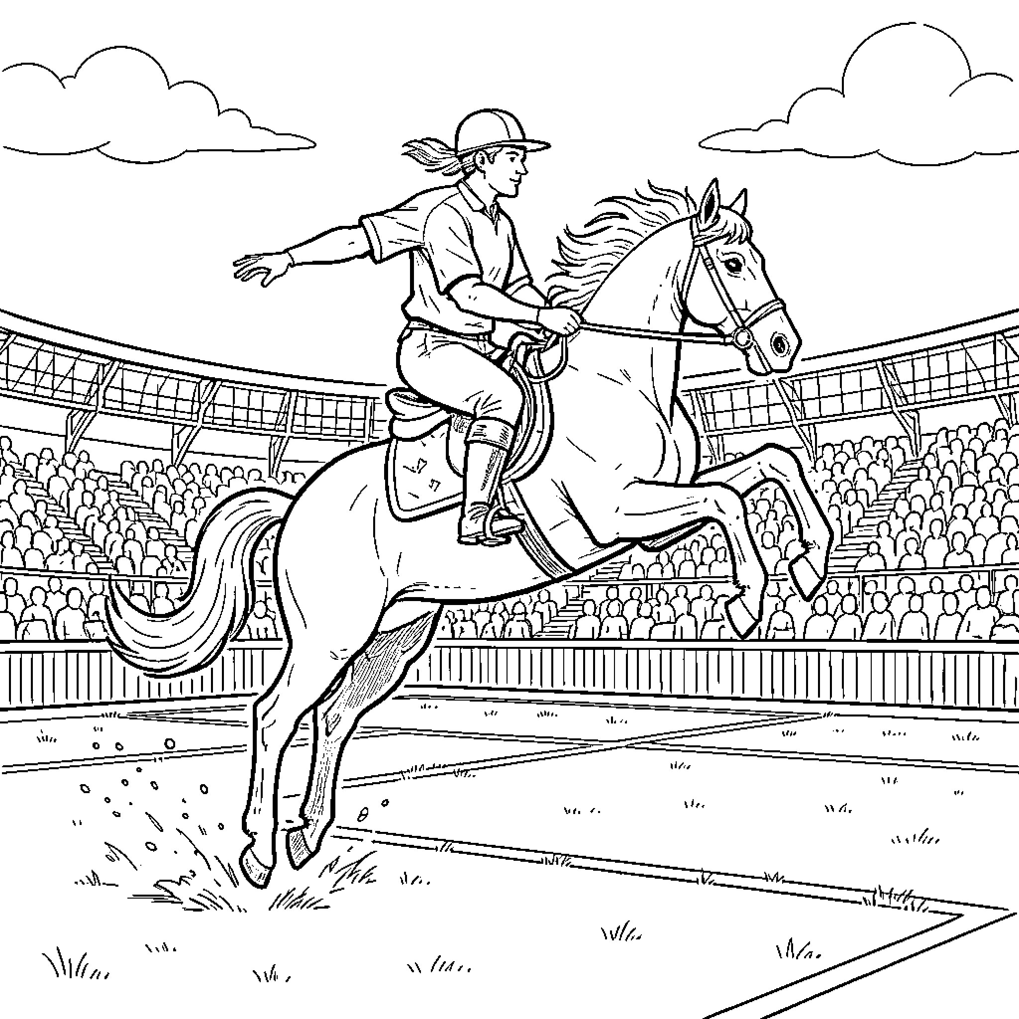 Cavalier riding a horse through a stadium arena Coloring Page (free black-and-white line drawing printable PDF for all, from beginners to advanced learners, including children, teens, adults, and seniors)