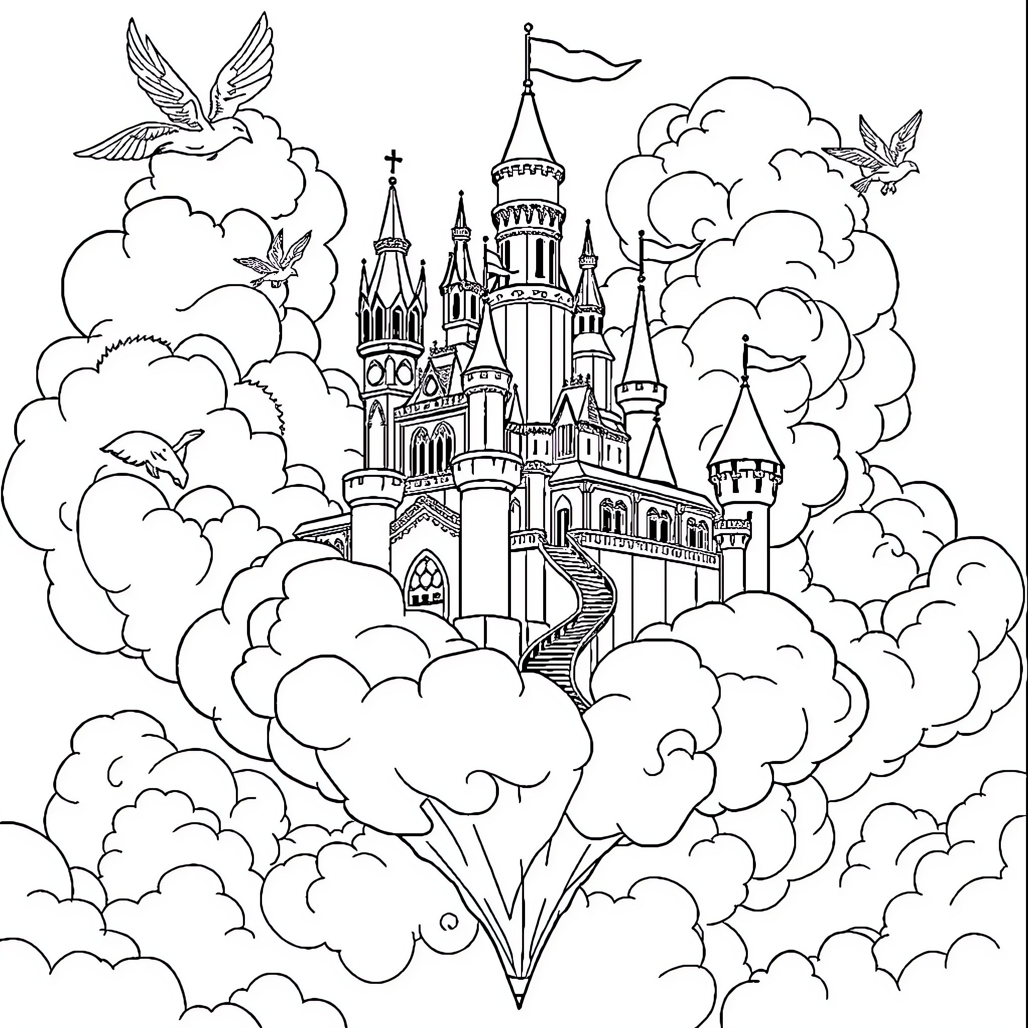 Castle in the Clouds with Magical Creatures Coloring Page (free black-and-white line drawing printable PDF for all, from beginners to advanced learners, including children, teens, adults, and seniors)
