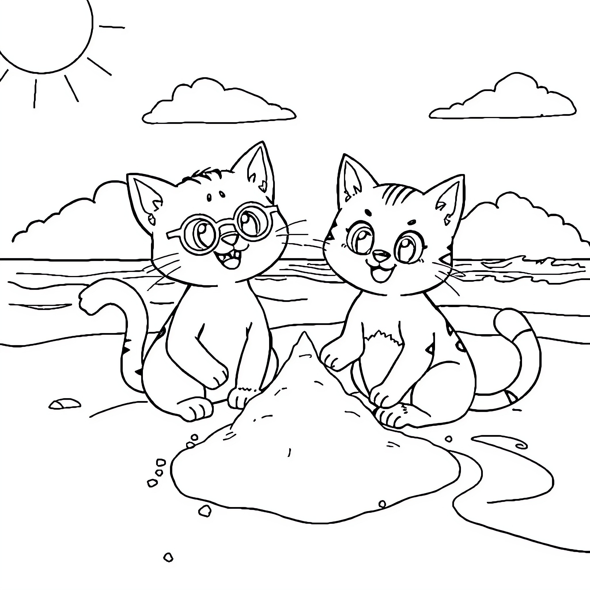 Bluey and Bingo Enjoy Sunny Beach Day Coloring Page (free black-and-white line drawing printable PDF for all, from beginners to advanced learners, including children, teens, adults, and seniors)