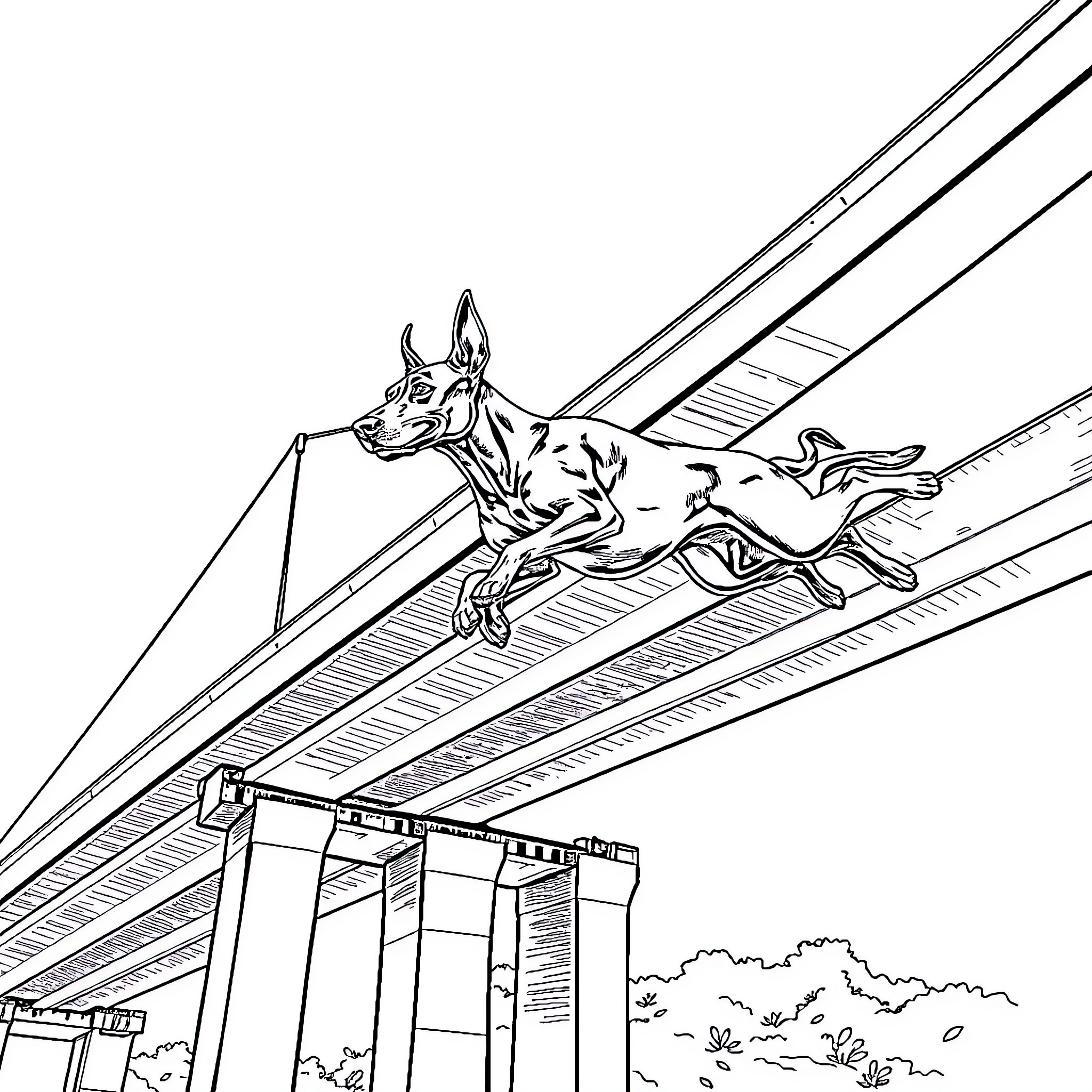 Doberman leaping over hurdles in a competition Coloring Page (free black-and-white line drawing printable PDF for all, from beginners to advanced learners, including children, teens, adults, and seniors)