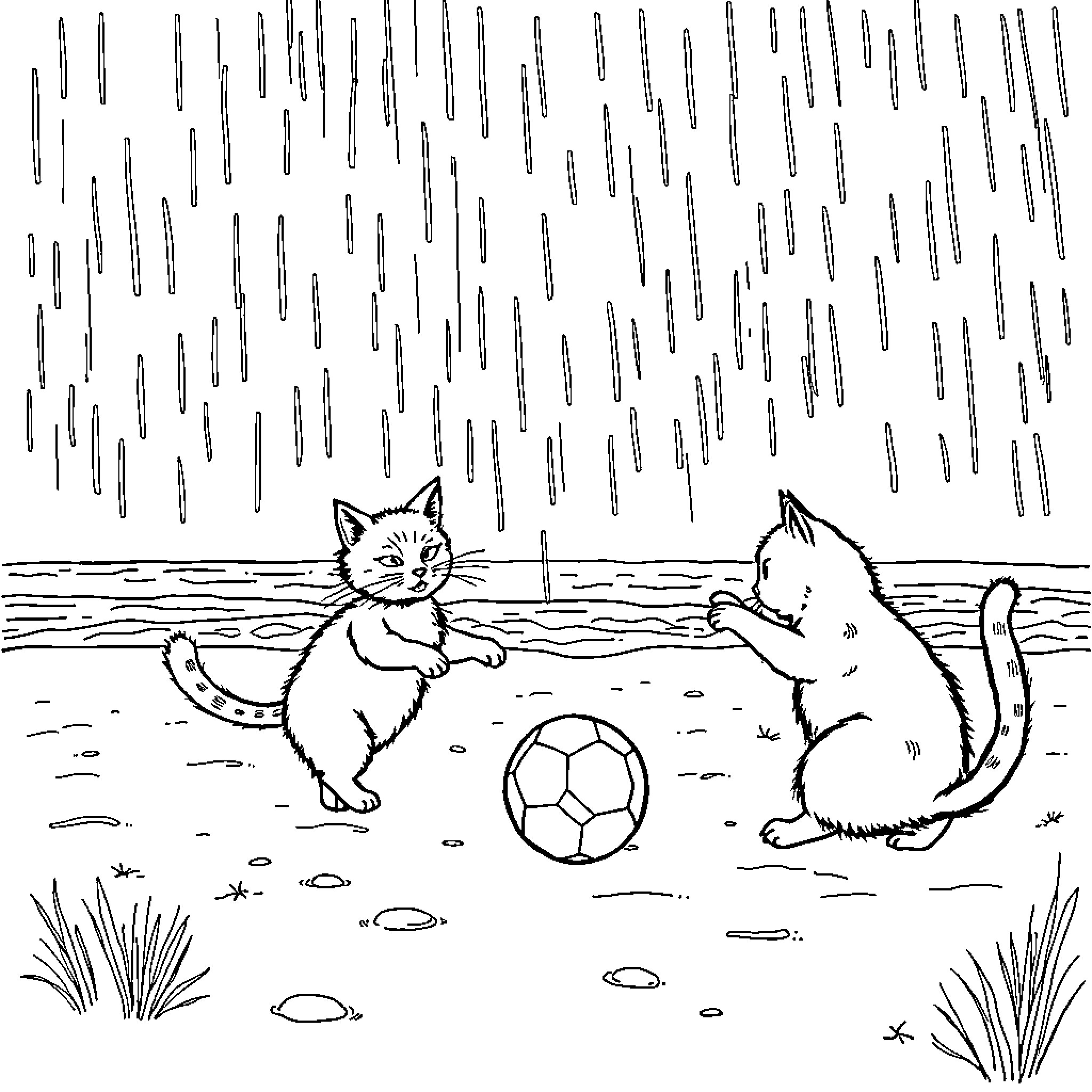 Cat playing with soccer ball in the rain Coloring Page (free black-and-white line drawing printable PDF for all, from beginners to advanced learners, including children, teens, adults, and seniors)