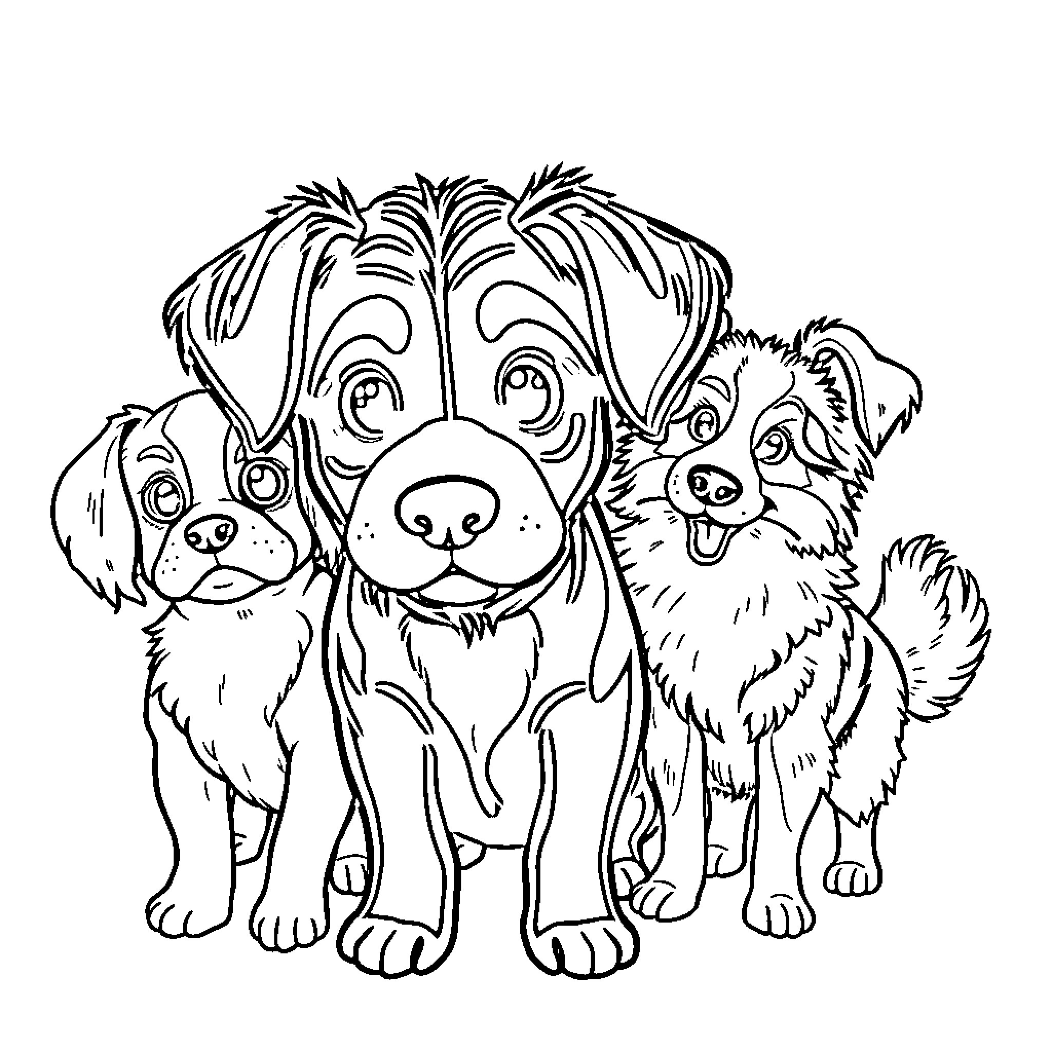 Dog friends posing together in a cute scene Coloring Page (free black-and-white line drawing printable PDF for all, from beginners to advanced learners, including children, teens, adults, and seniors)