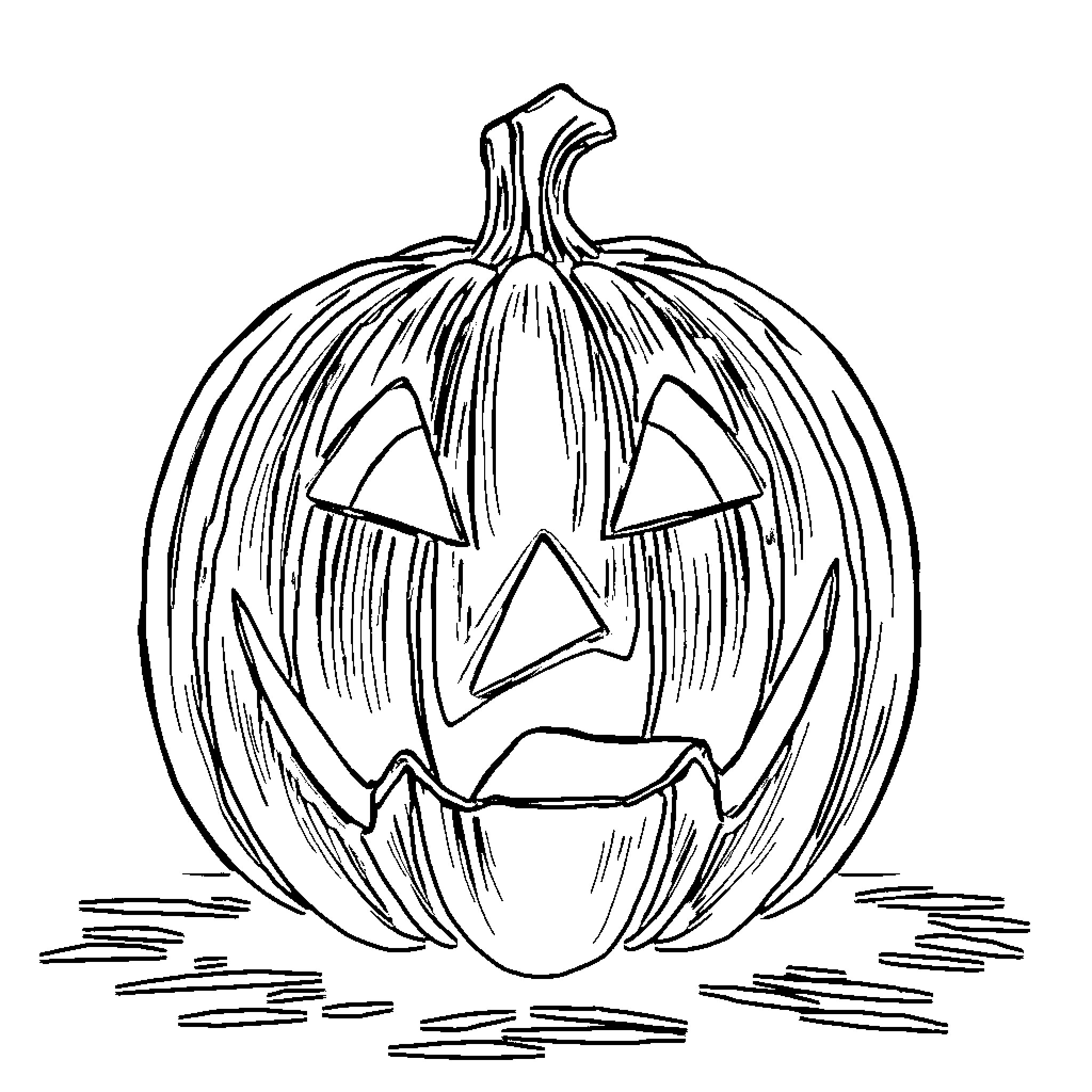 Jack-o'-lantern carved with a spooky expression Coloring Page (free black-and-white line drawing printable PDF for all, from beginners to advanced learners, including children, teens, adults, and seniors)