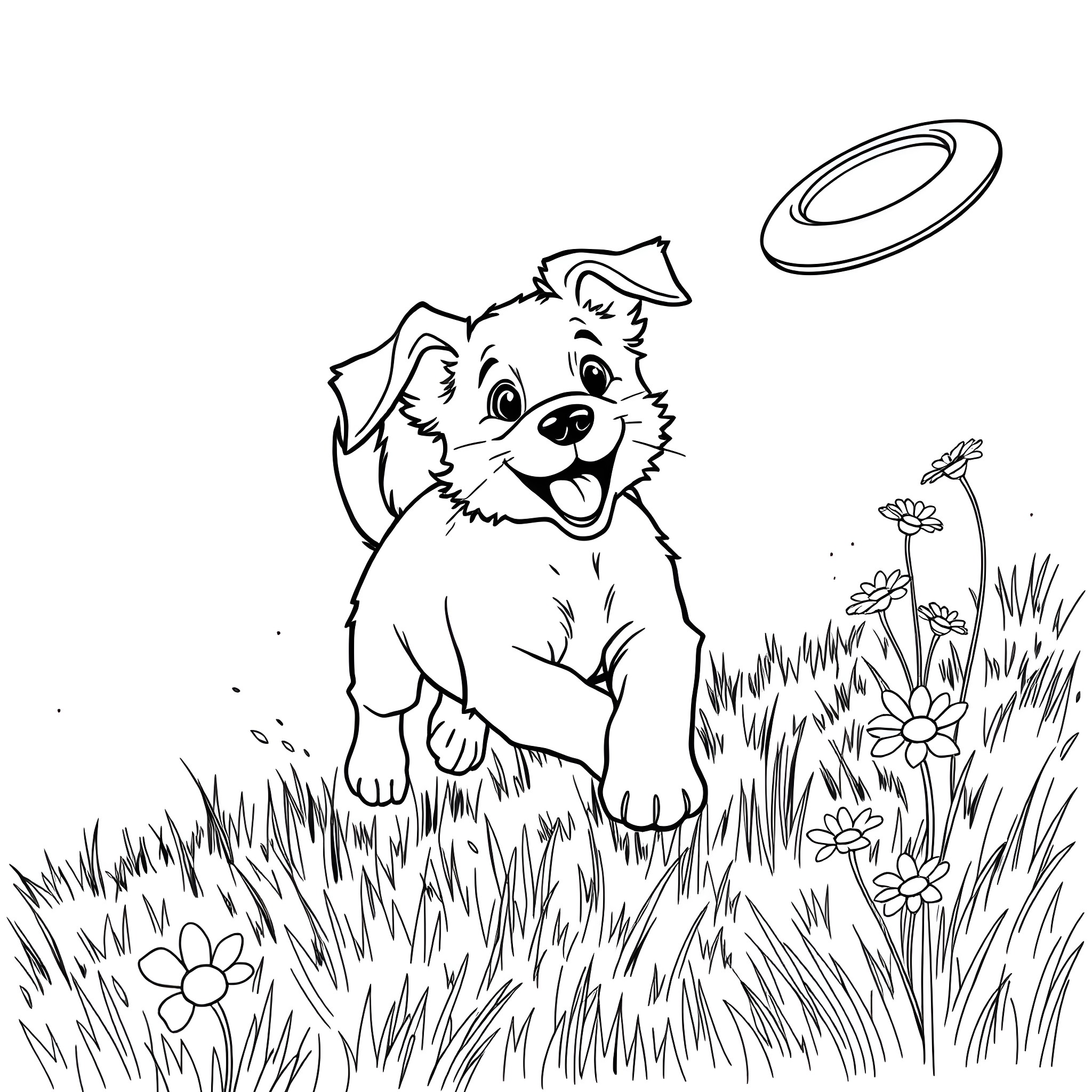 Puppy playing happily in the meadow Coloring Page (free black-and-white line drawing printable PDF for all, from beginners to advanced learners, including children, teens, adults, and seniors)