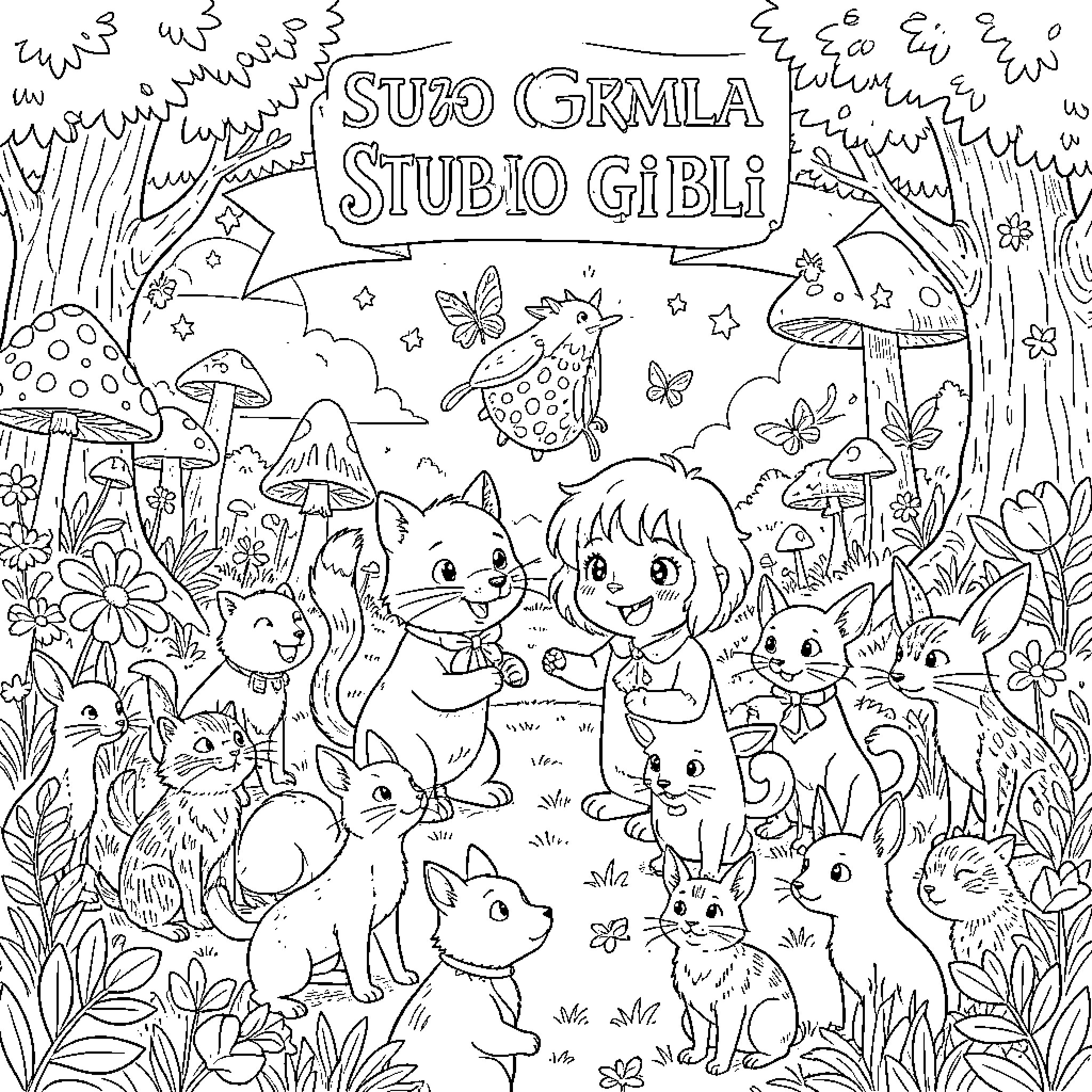 Studio Ghibli characters in a whimsical forest scene Coloring Page (free black-and-white line drawing printable PDF for all, from beginners to advanced learners, including children, teens, adults, and seniors)