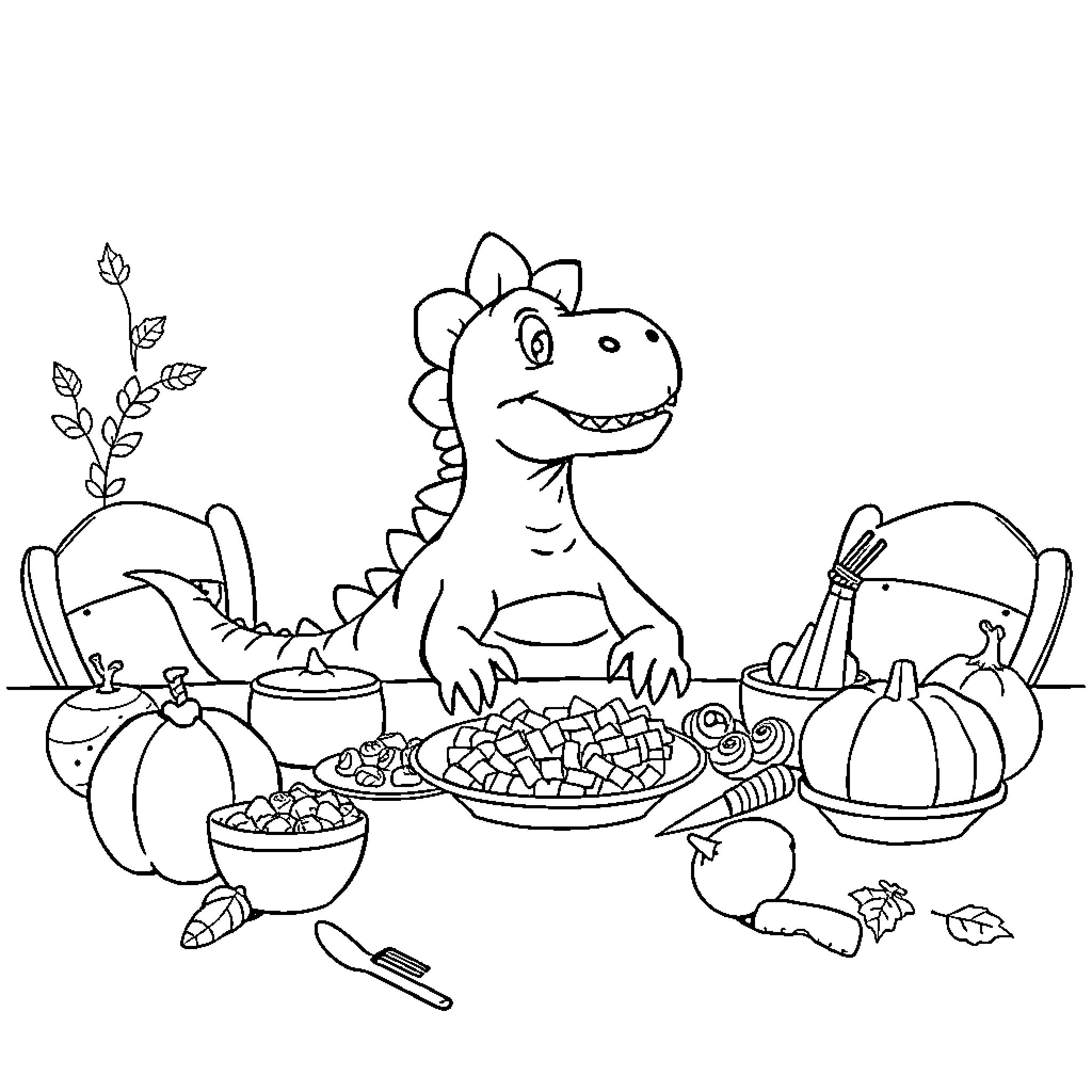 Dinosaur enjoying a Thanksgiving feast Coloring Page (free black-and-white line drawing printable PDF for all, from beginners to advanced learners, including children, teens, adults, and seniors)