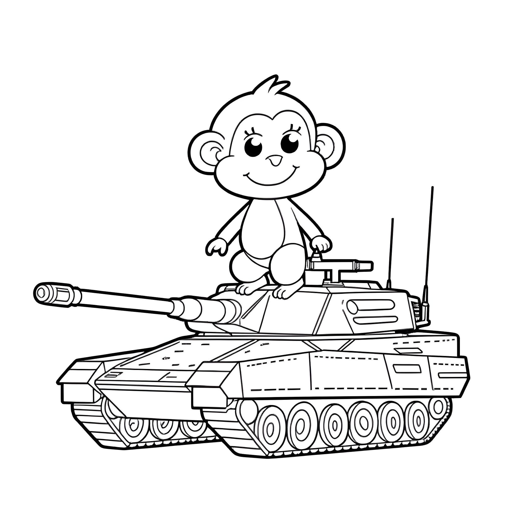 Monkey riding a heavy tank Coloring Page (free black-and-white line drawing printable PDF for all, from beginners to advanced learners, including children, teens, adults, and seniors)