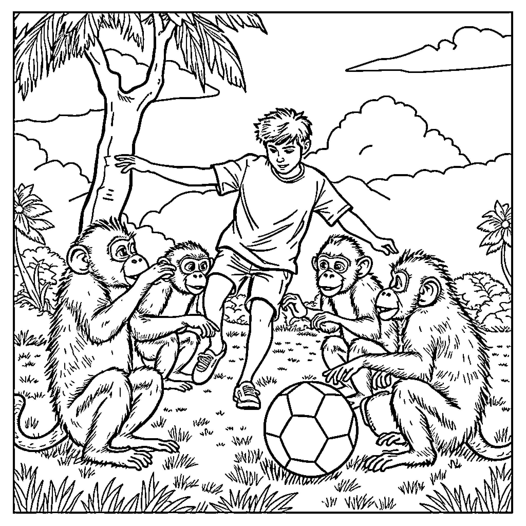 Person playing with monkeys in a tropical setting Coloring Page (free black-and-white line drawing printable PDF for all, from beginners to advanced learners, including children, teens, adults, and seniors)